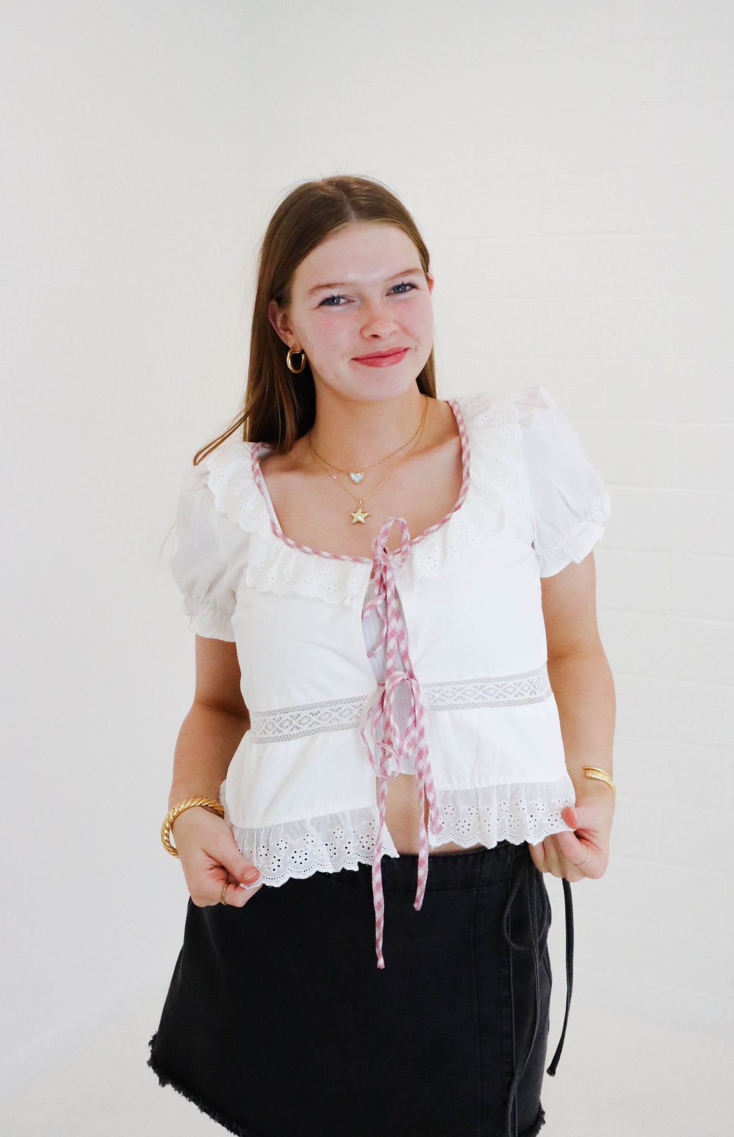 White Embroidered Tie Front Blouse