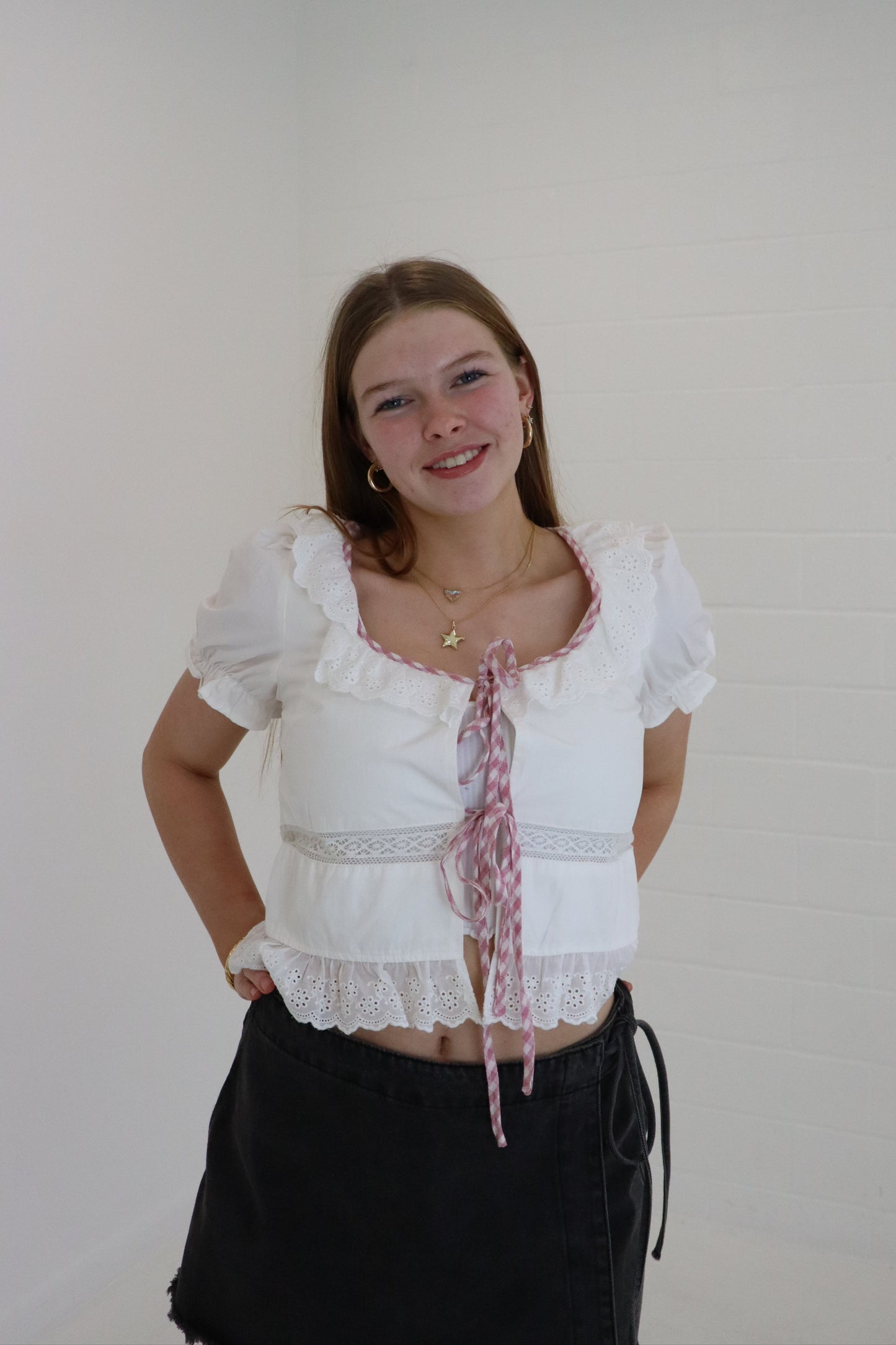White Embroidered Tie Front Blouse