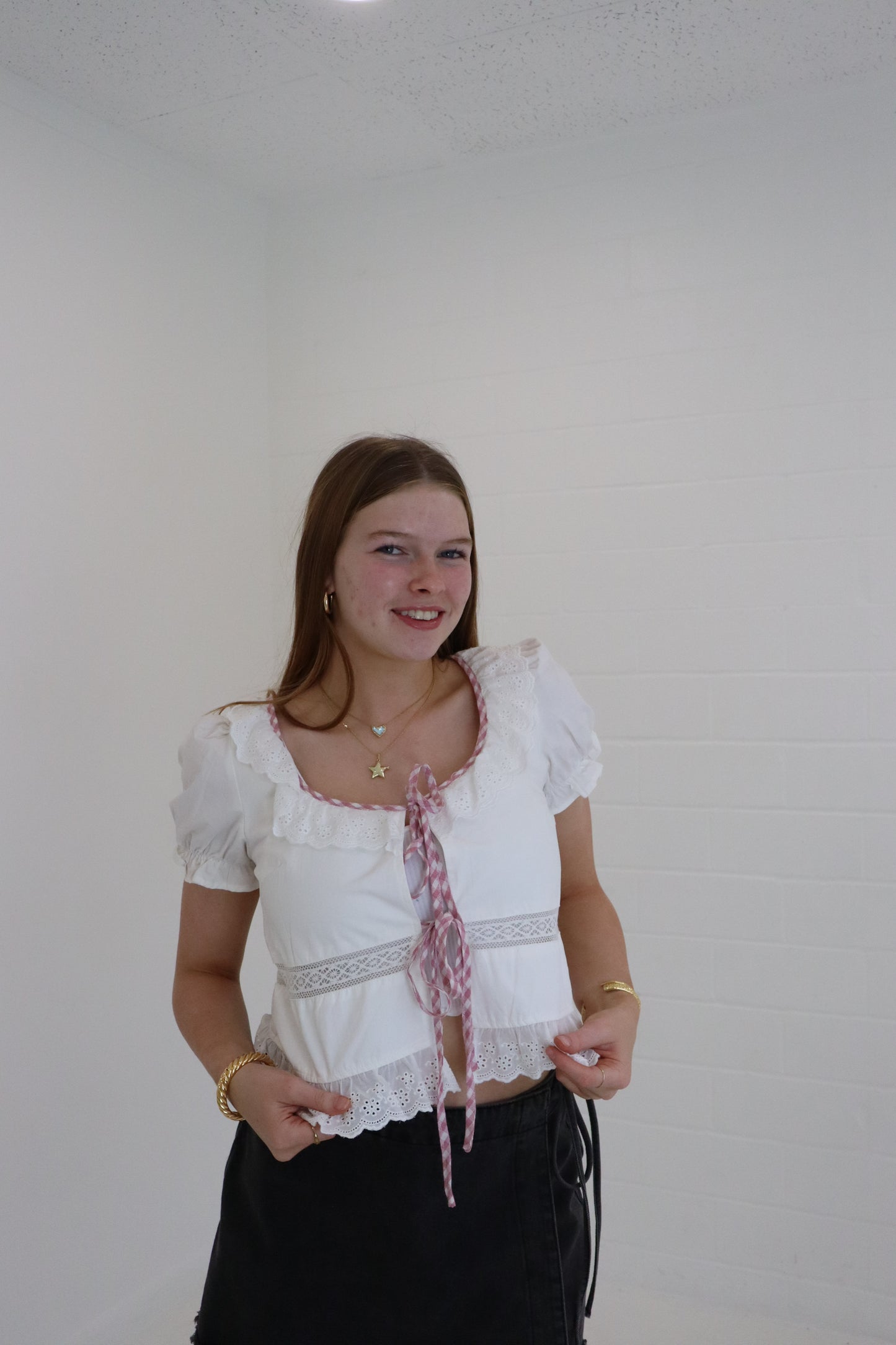 White Embroidered Tie Front Blouse