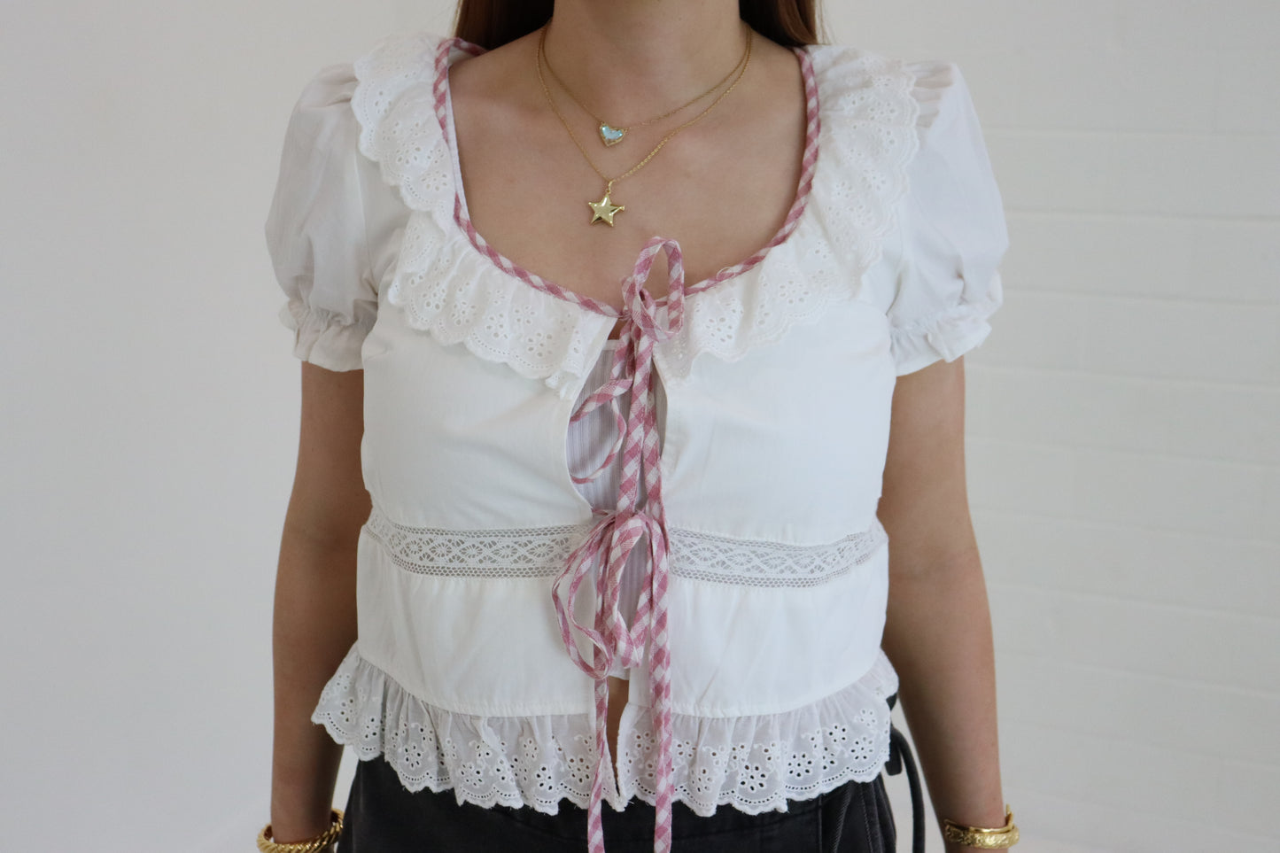 White Embroidered Tie Front Blouse