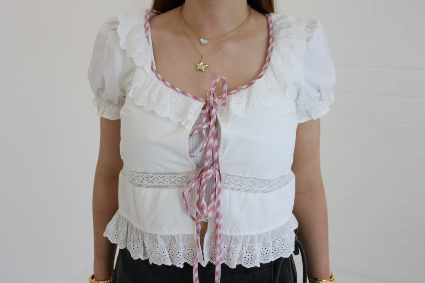 White Embroidered Tie Front Blouse