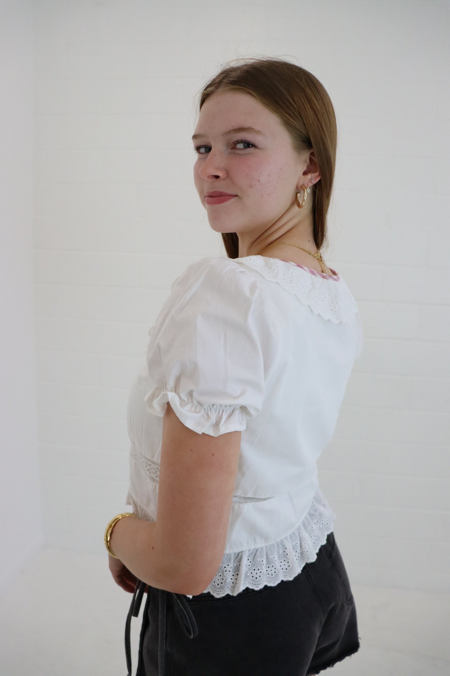White Embroidered Tie Front Blouse
