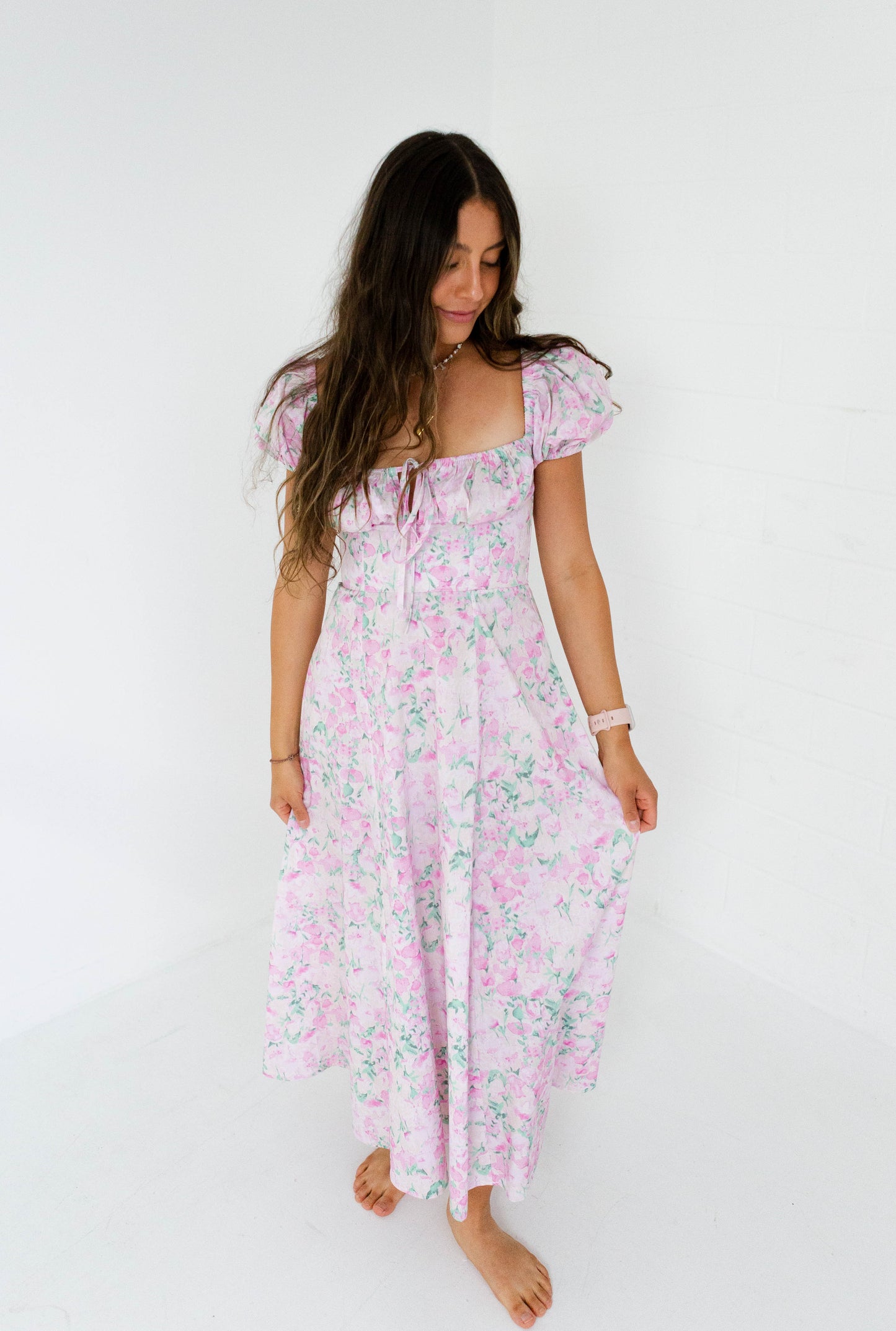 Pink Floral Printed Puff Sleeve Midi Dress
