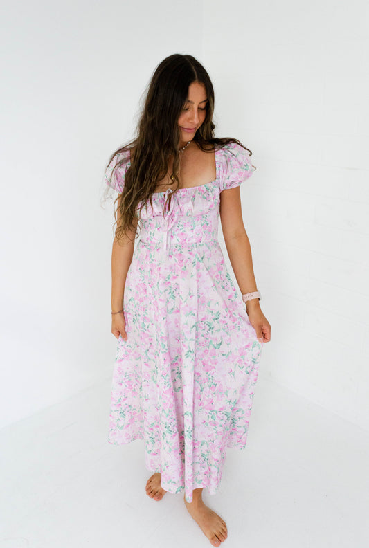 Pink Floral Printed Puff Sleeve Midi Dress