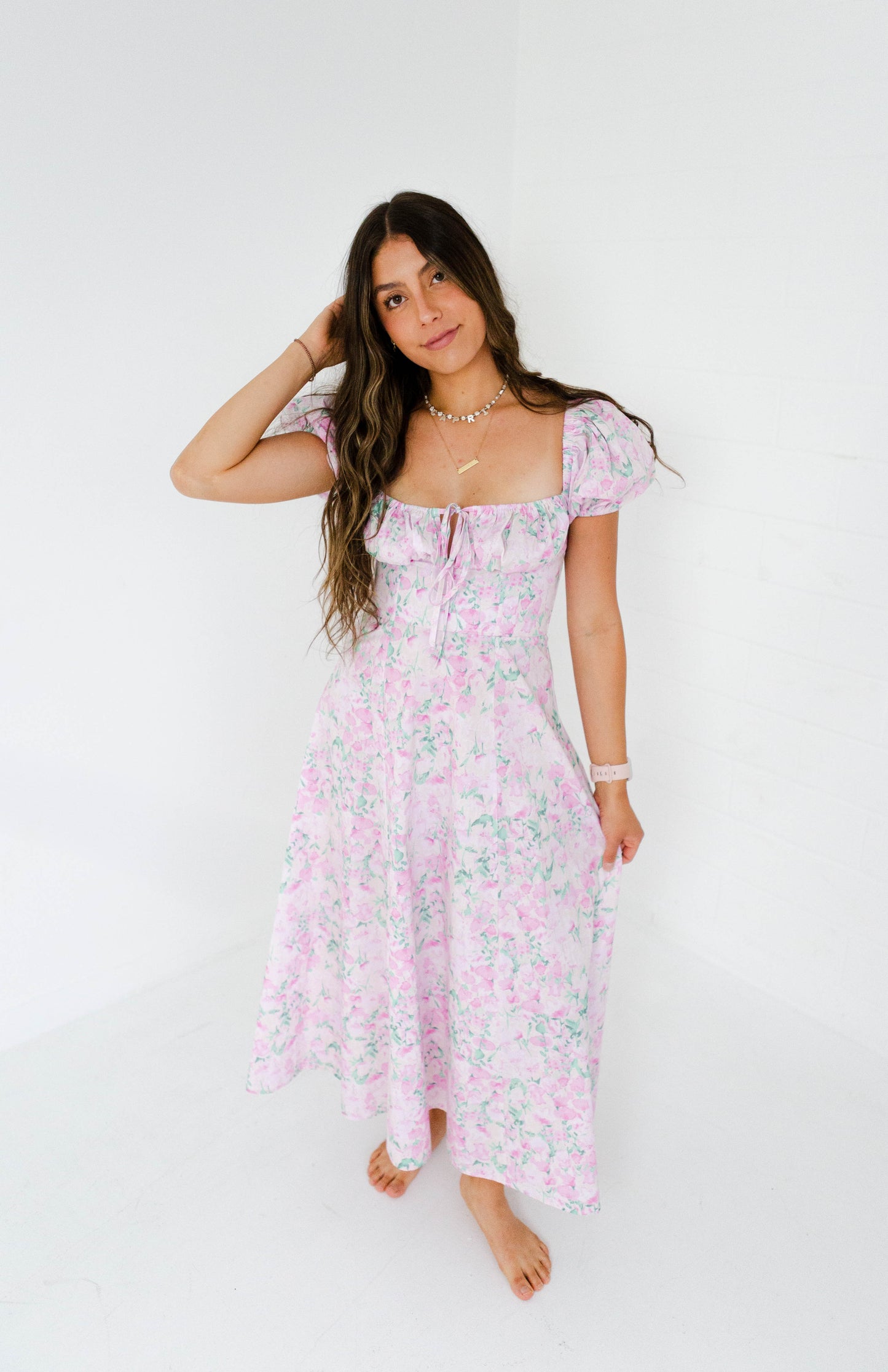 Pink Floral Printed Puff Sleeve Midi Dress