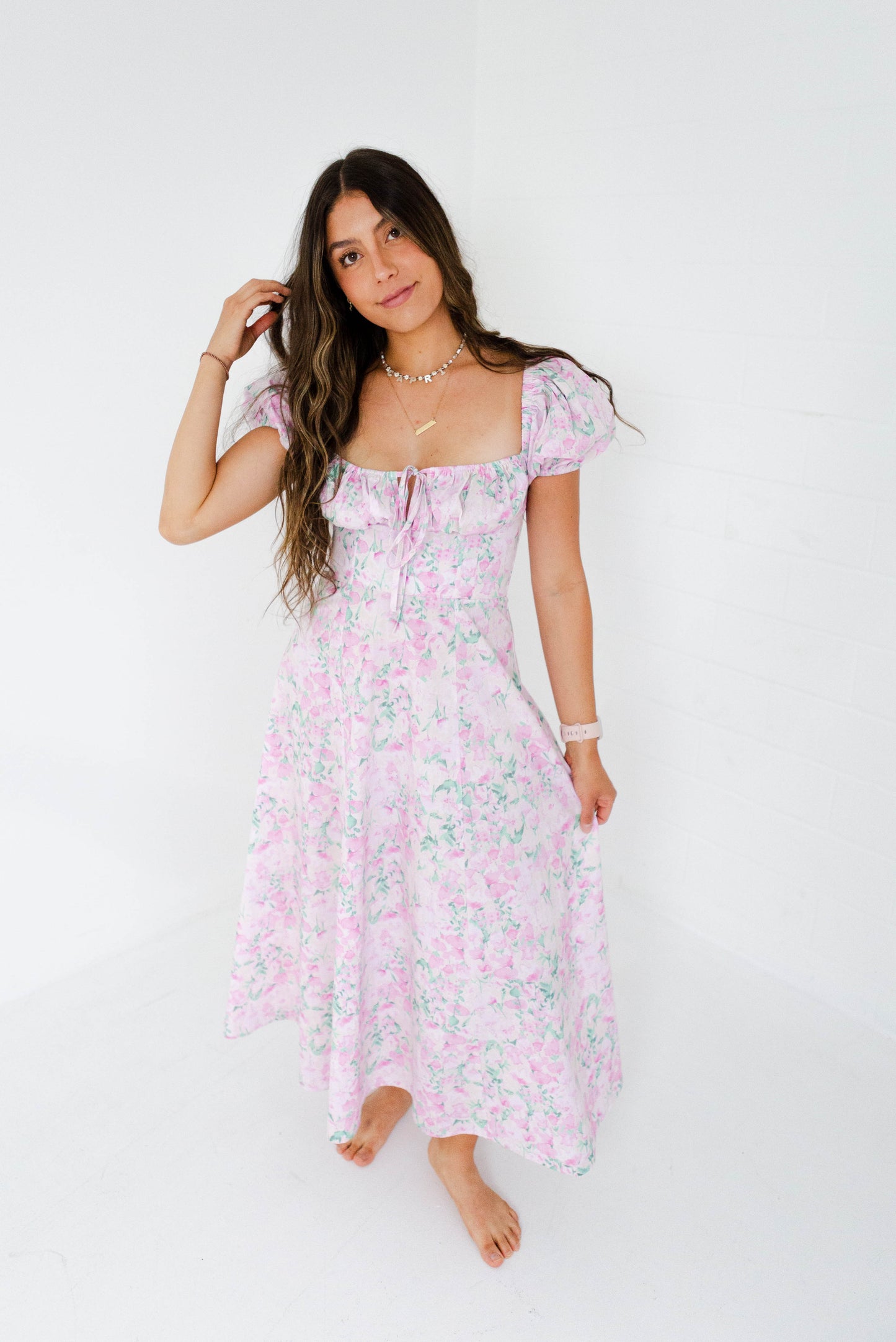 Pink Floral Printed Puff Sleeve Midi Dress