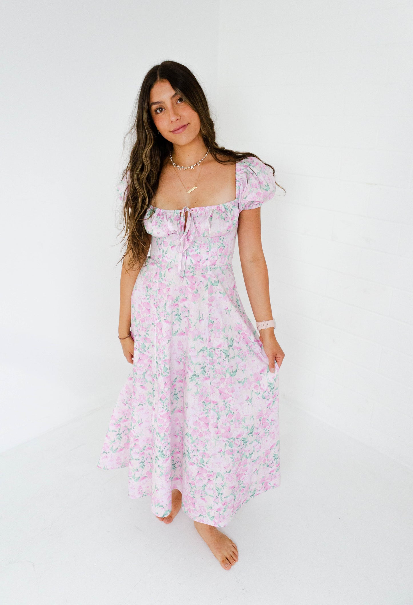Pink Floral Printed Puff Sleeve Midi Dress