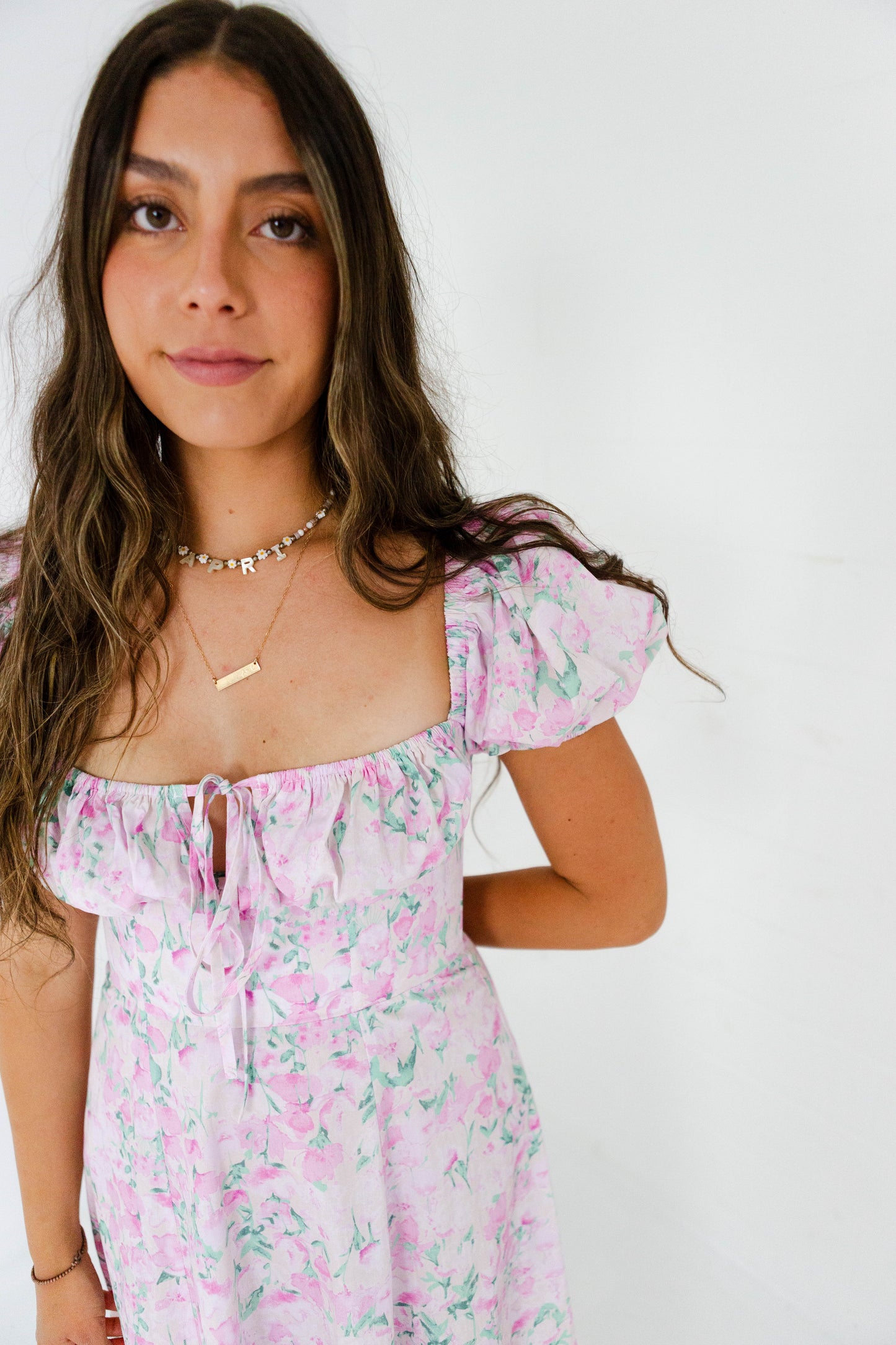 Pink Floral Printed Puff Sleeve Midi Dress