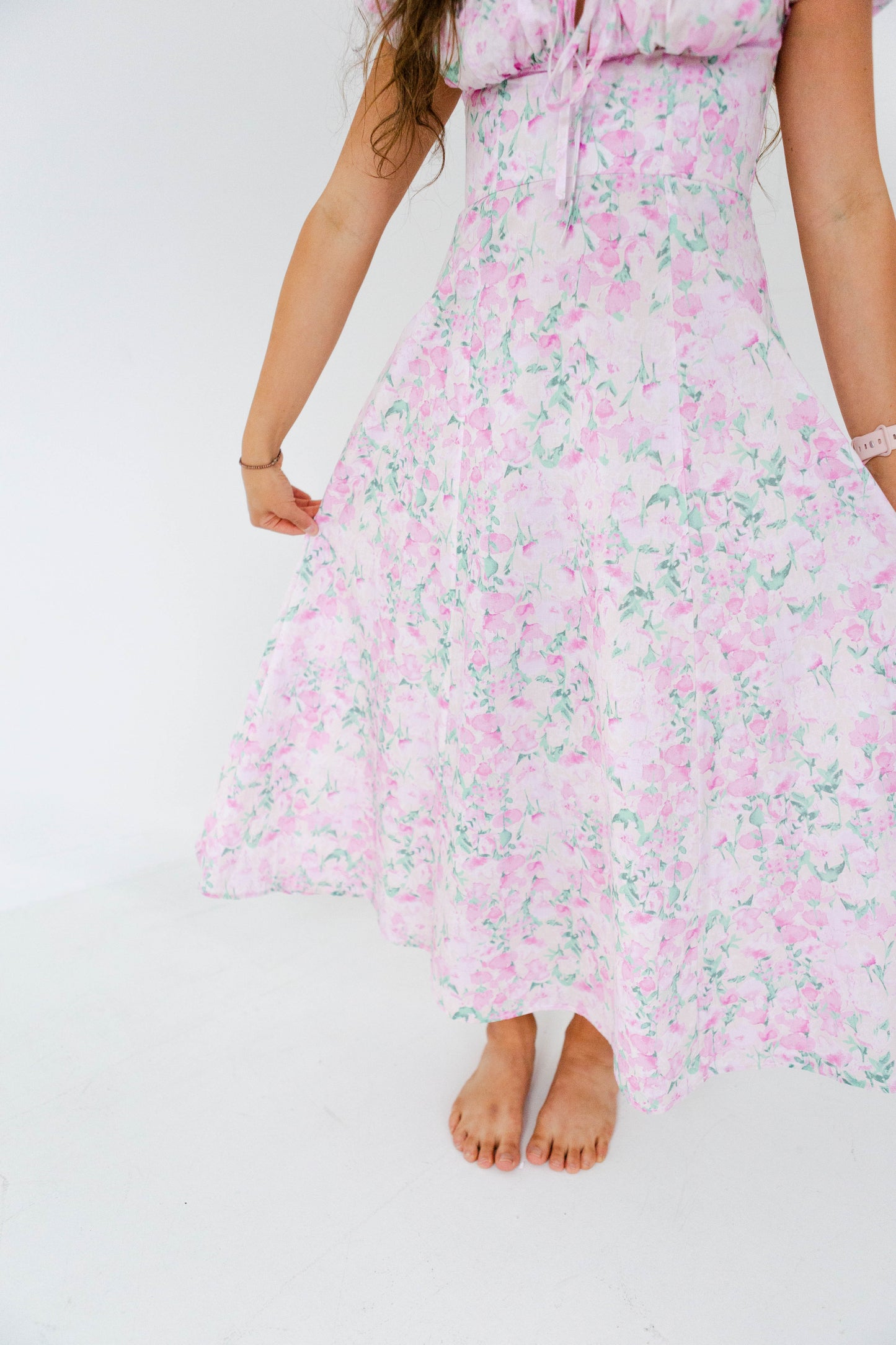 Pink Floral Printed Puff Sleeve Midi Dress