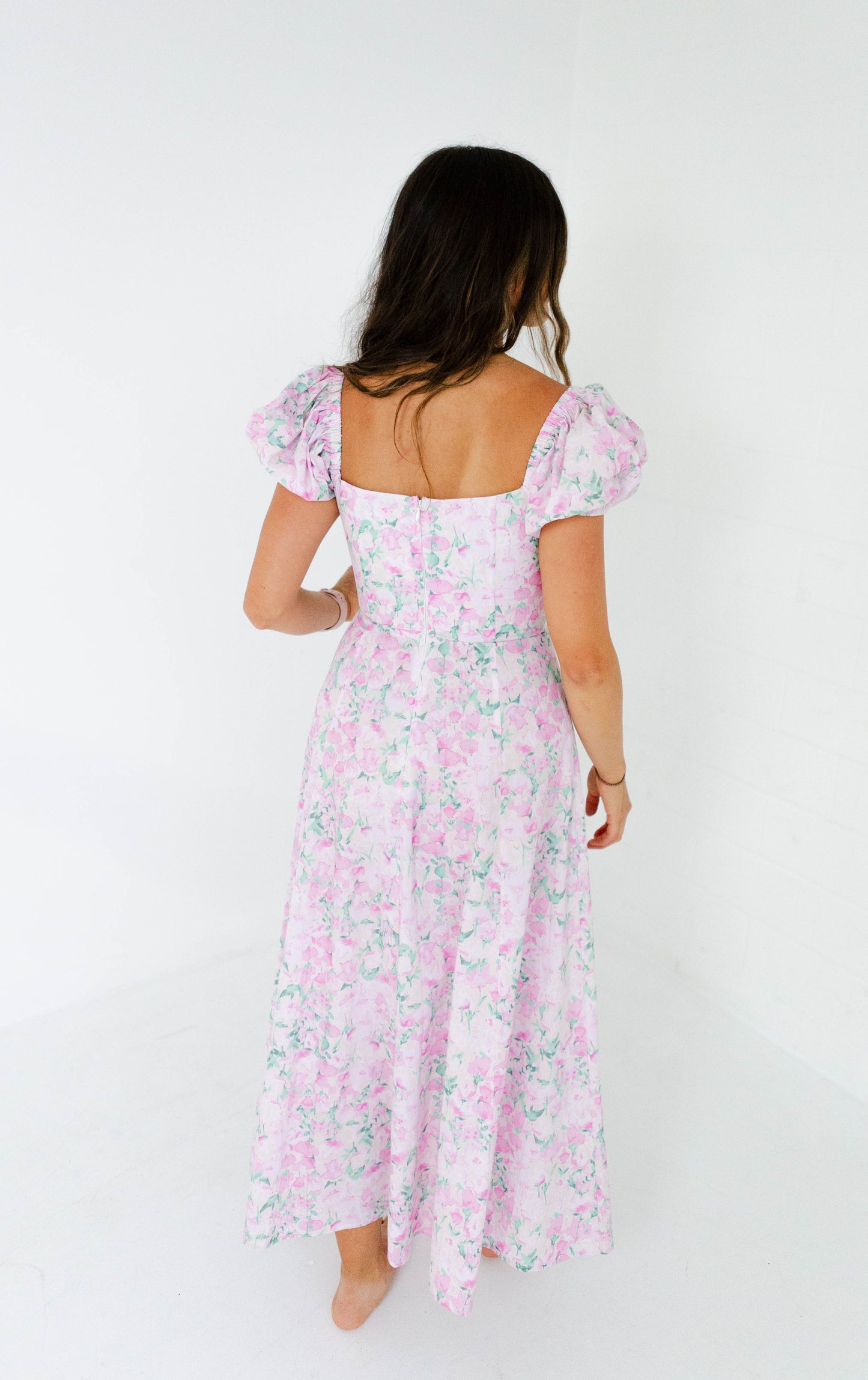 Pink Floral Printed Puff Sleeve Midi Dress