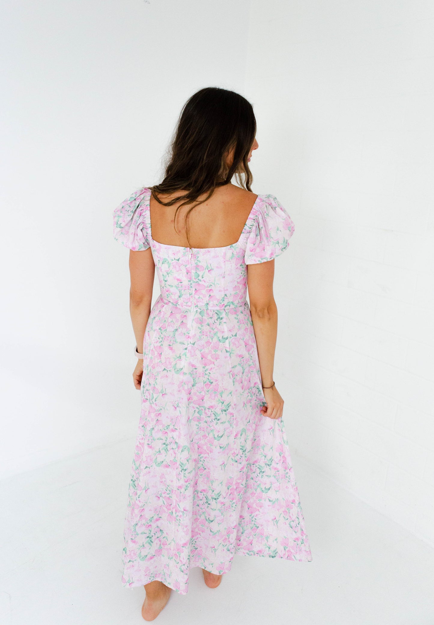 Pink Floral Printed Puff Sleeve Midi Dress