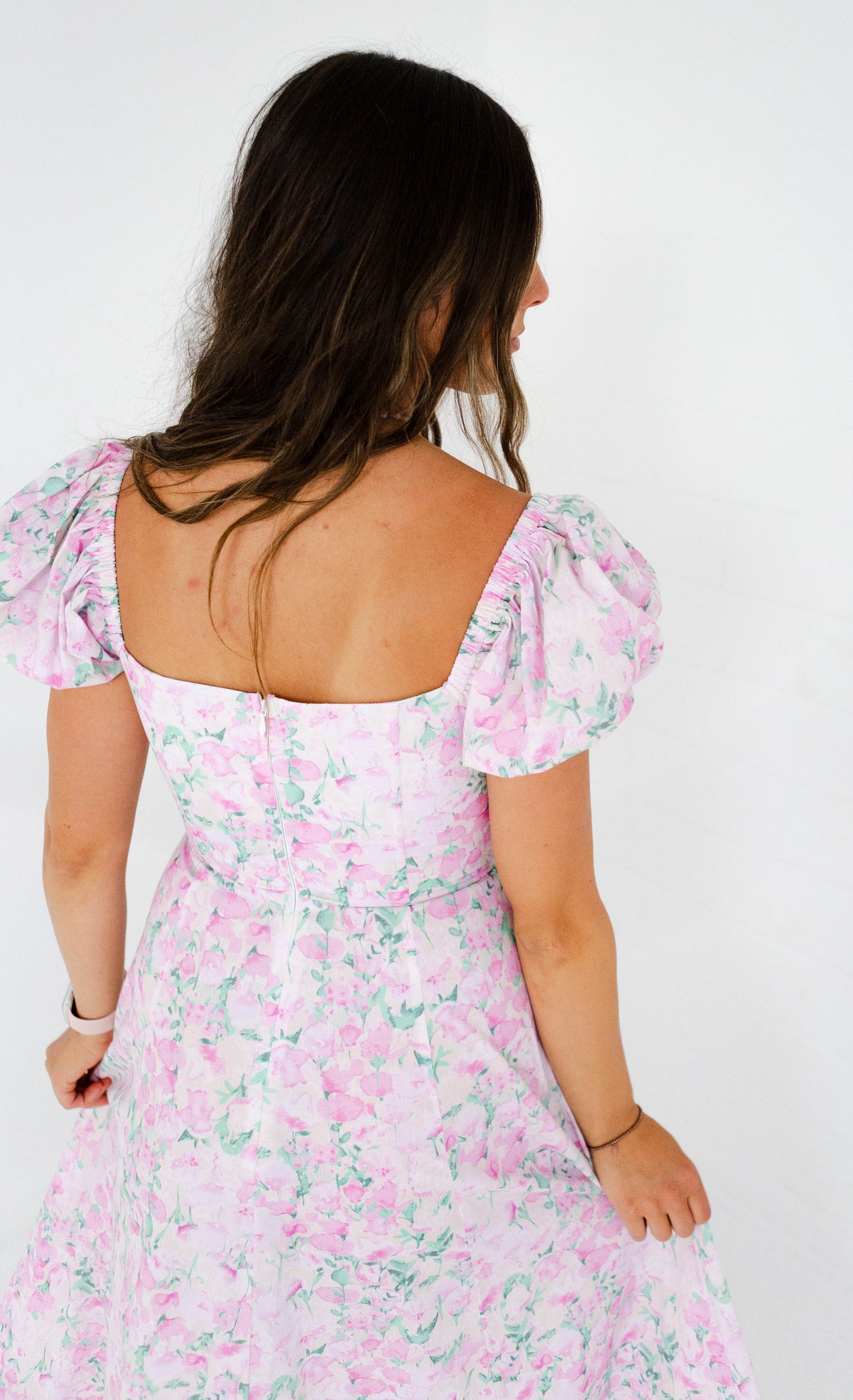 Pink Floral Printed Puff Sleeve Midi Dress