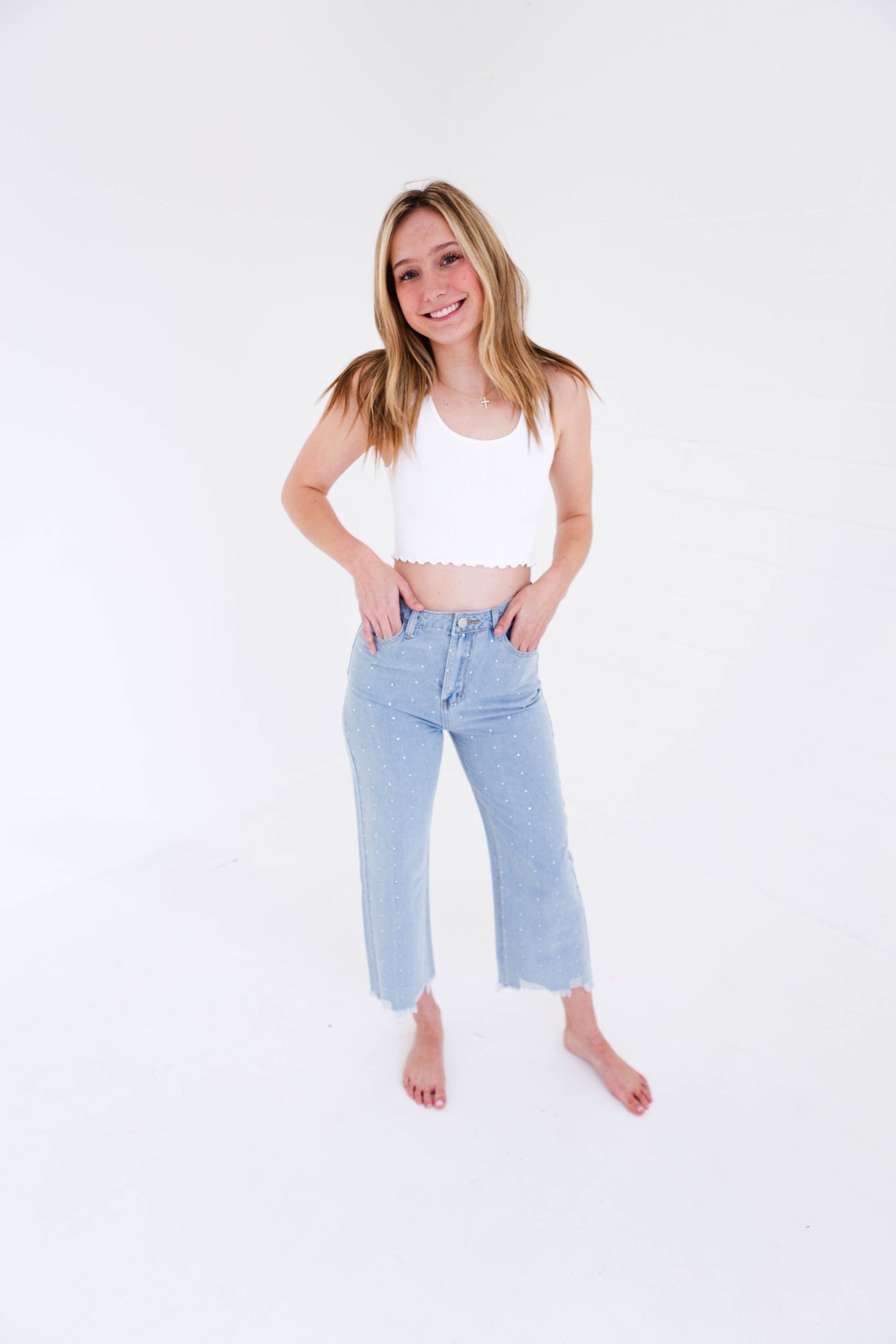 Rhinestone Denim High Rise Straight Leg Jeans