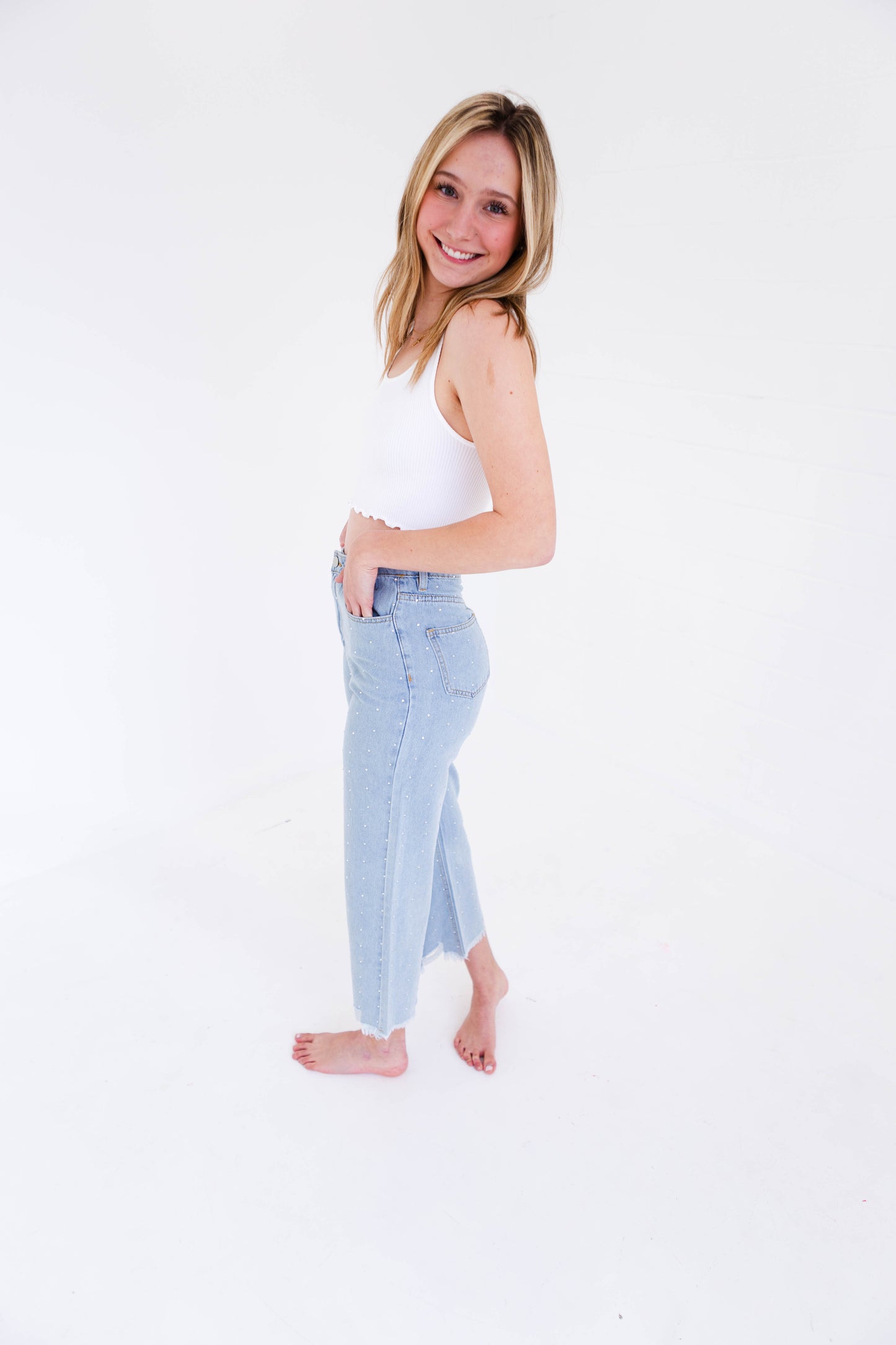 Rhinestone Denim High Rise Straight Leg Jeans