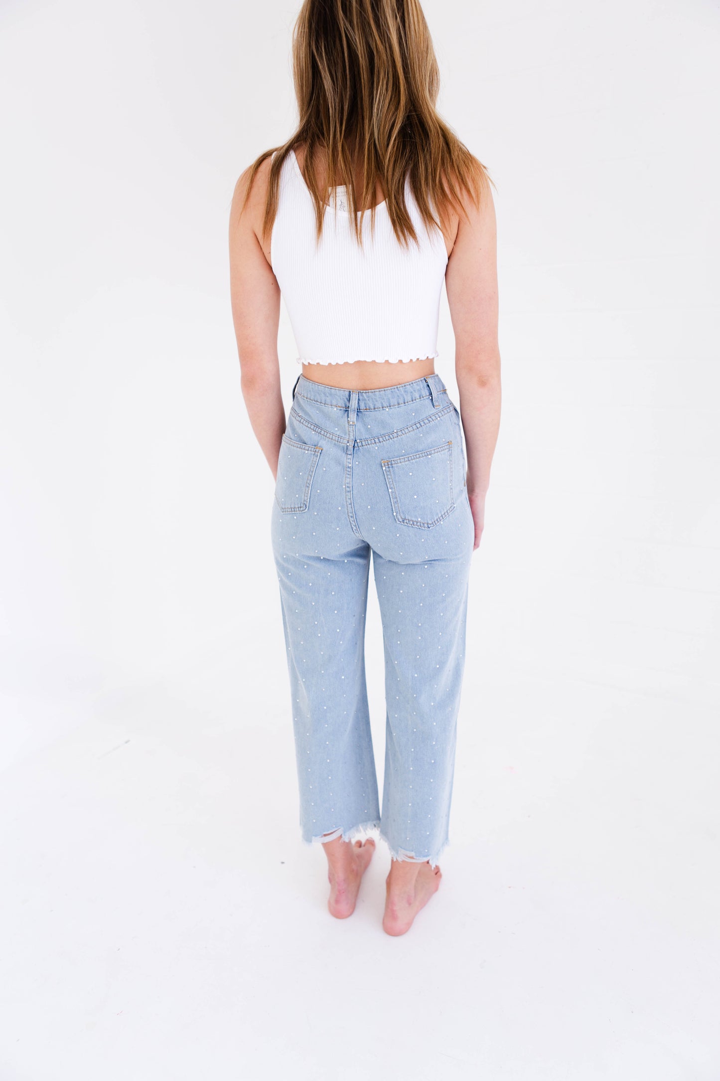 Rhinestone Denim High Rise Straight Leg Jeans