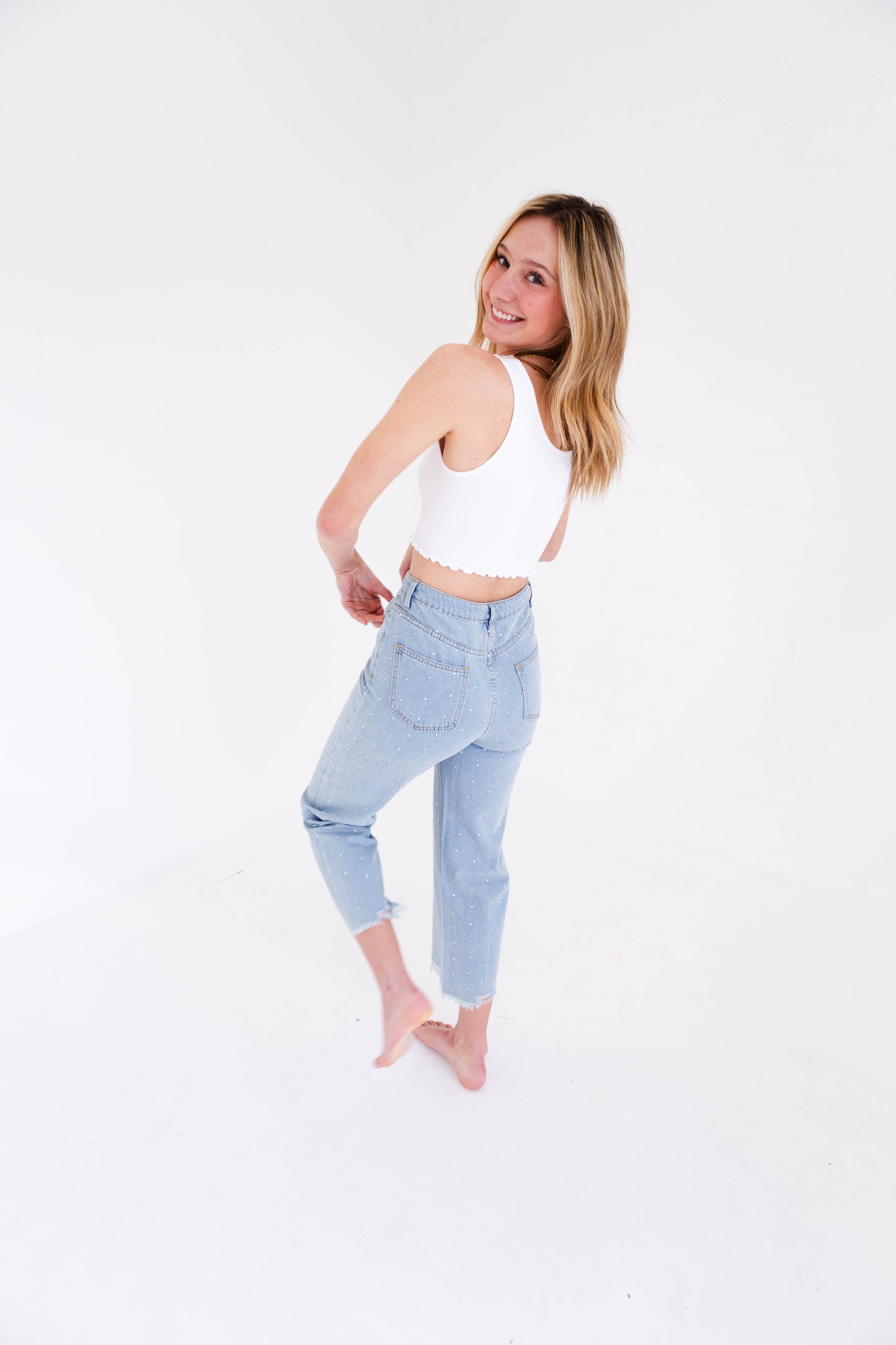 Rhinestone Denim High Rise Straight Leg Jeans