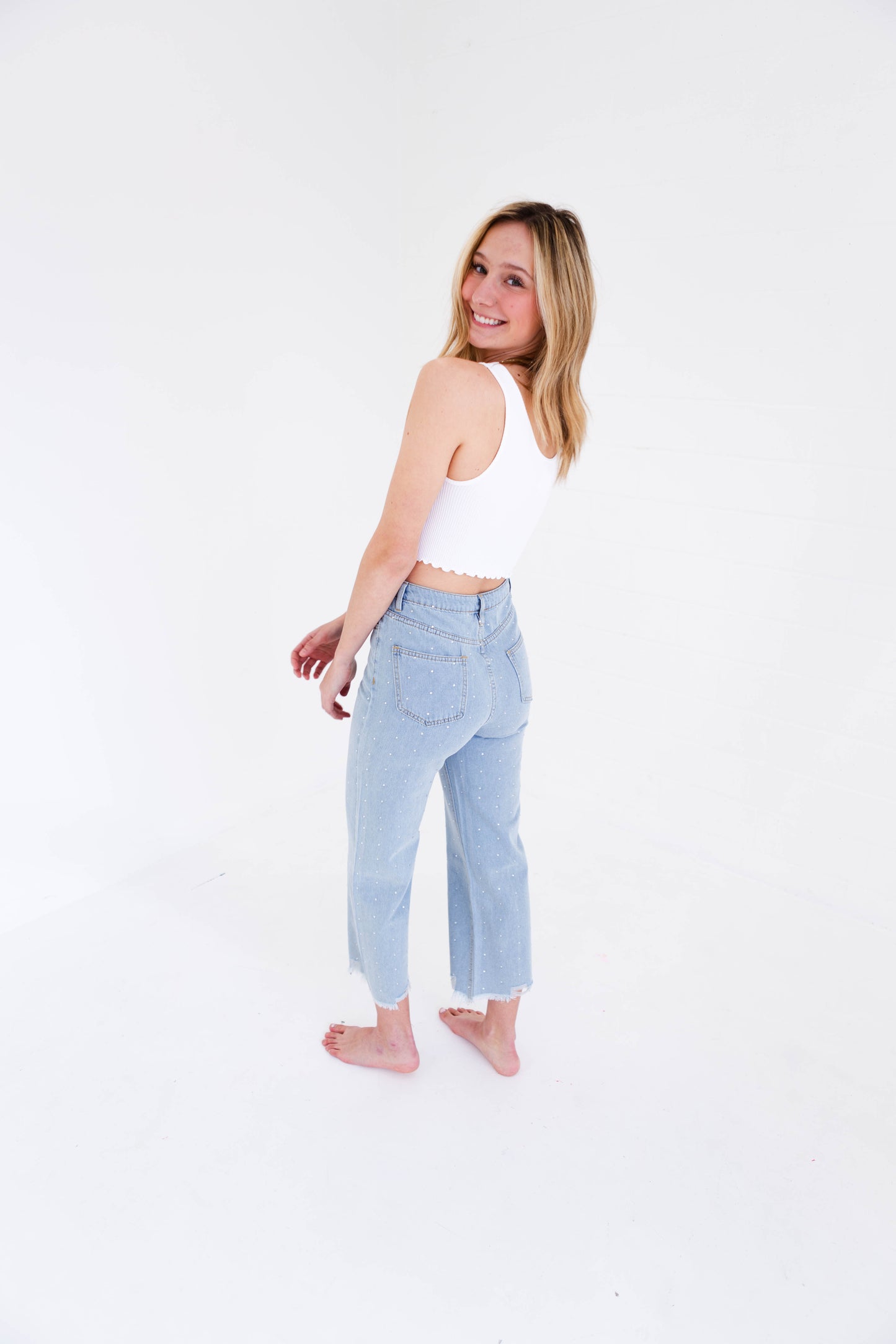 Rhinestone Denim High Rise Straight Leg Jeans