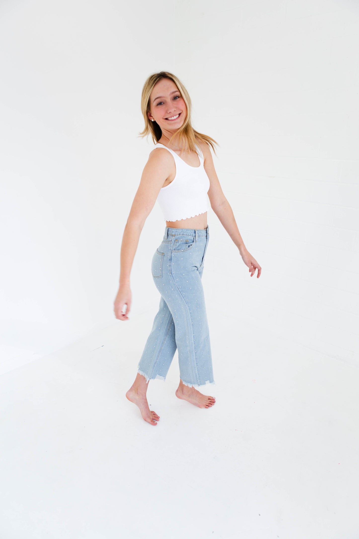 Rhinestone Denim High Rise Straight Leg Jeans