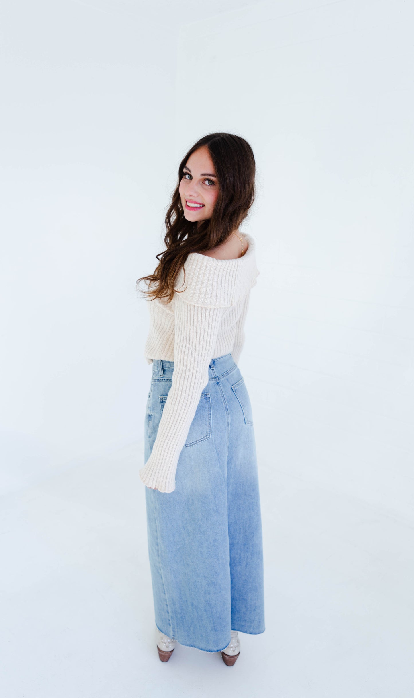 Light Denim Midi Skirt with Slit