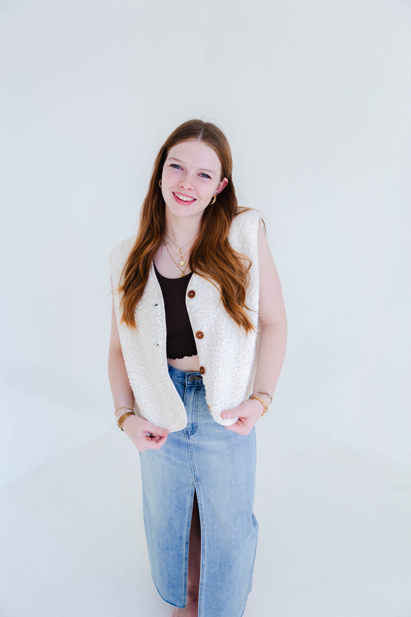 Ivory Sherpa Button Vest