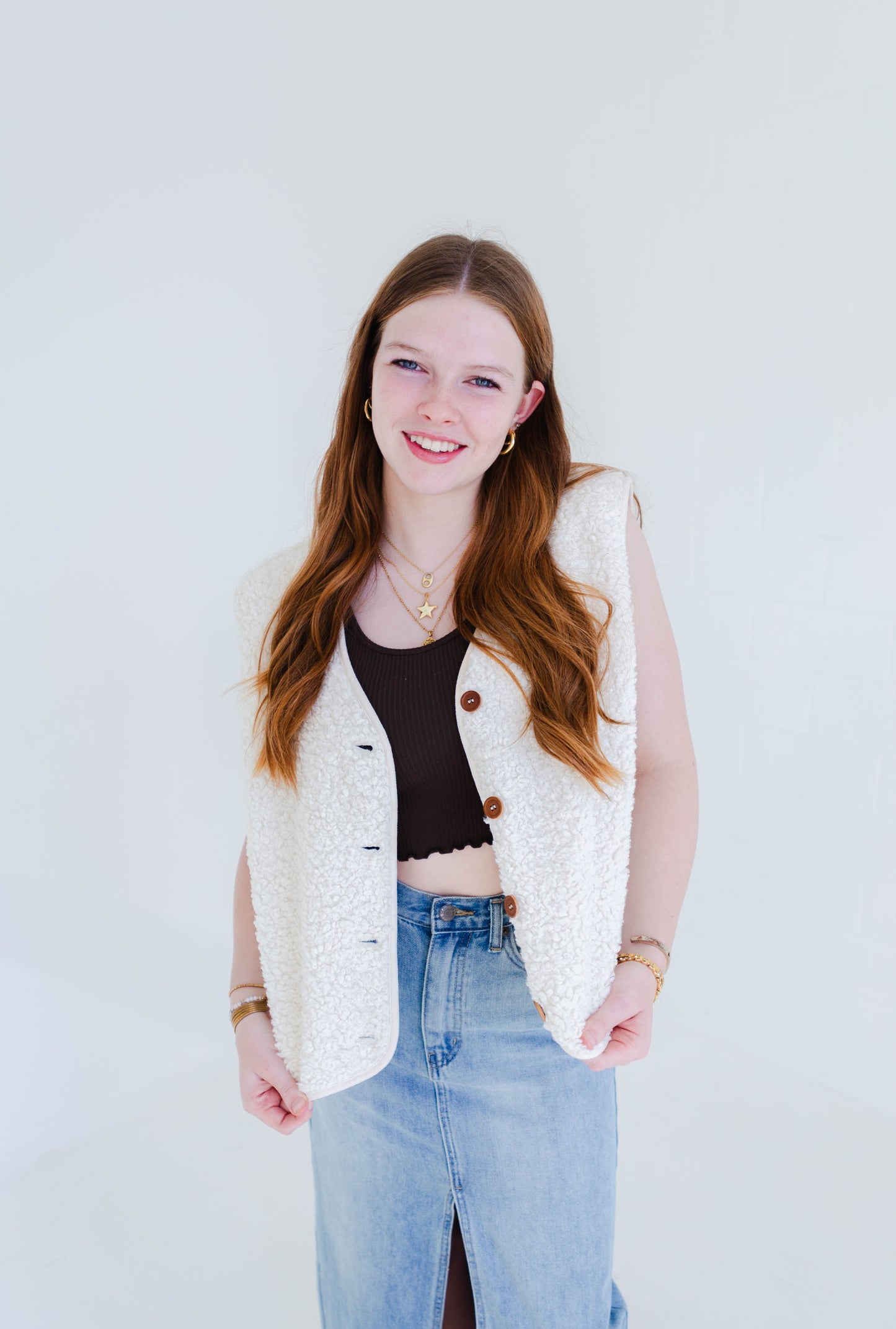 Ivory Sherpa Button Vest