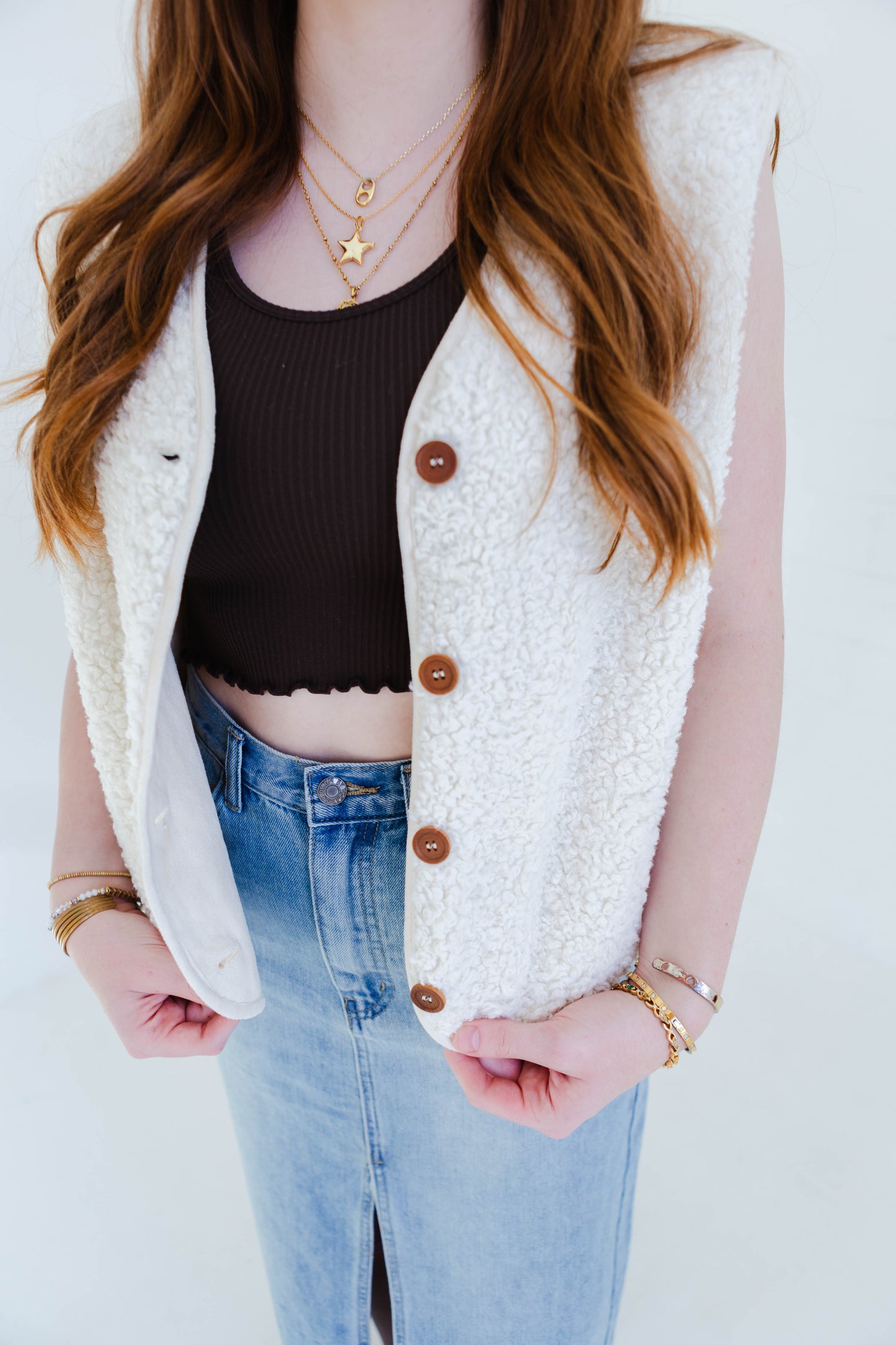 Ivory Sherpa Button Vest