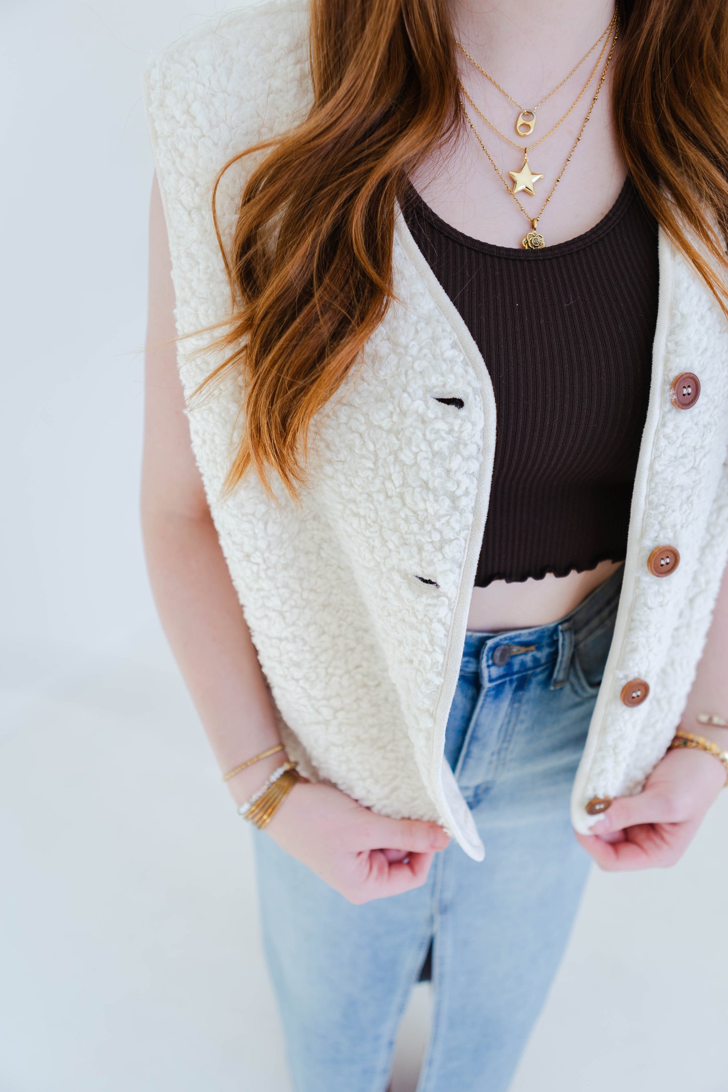 Ivory Sherpa Button Vest