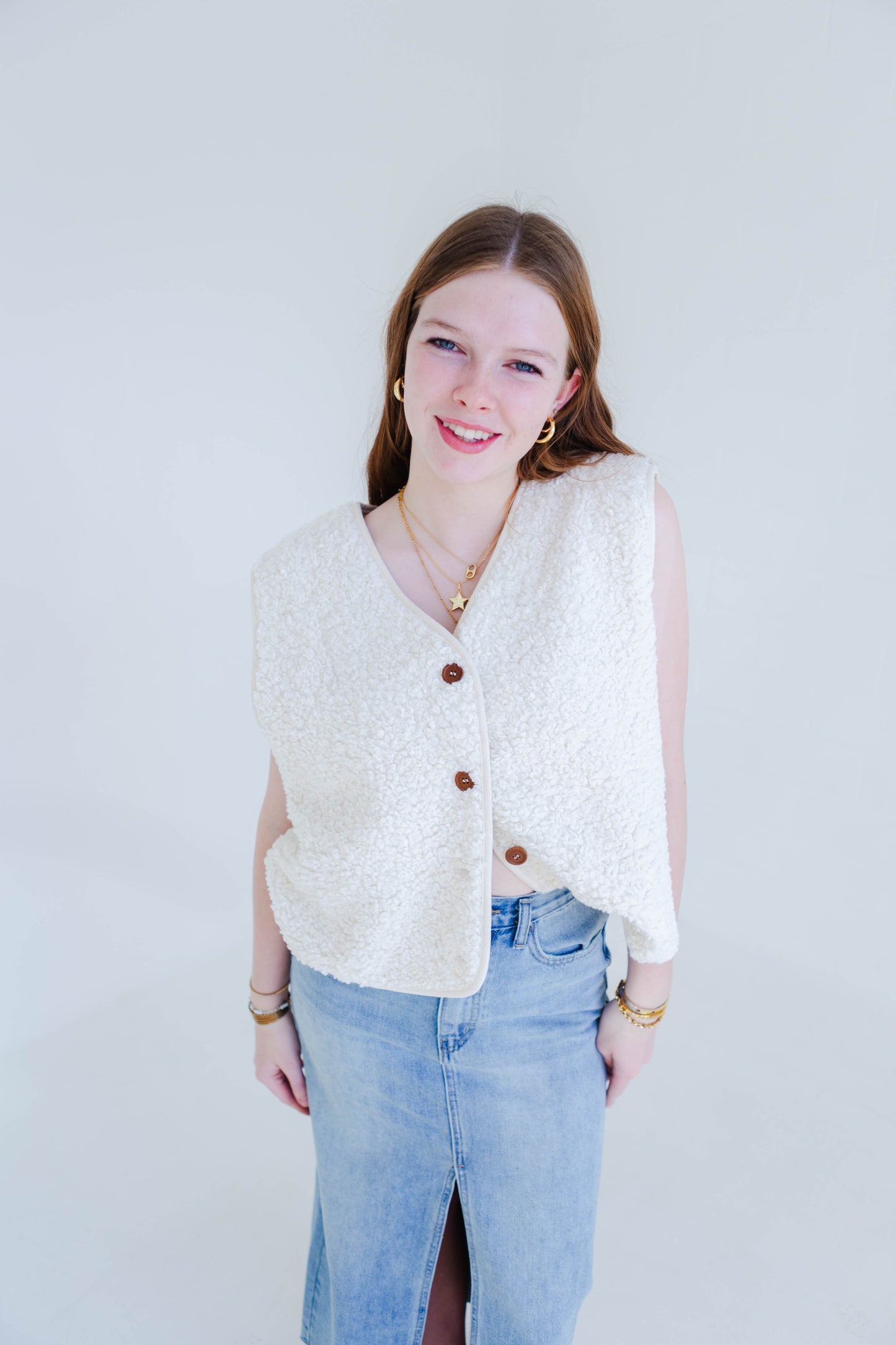 Ivory Sherpa Button Vest