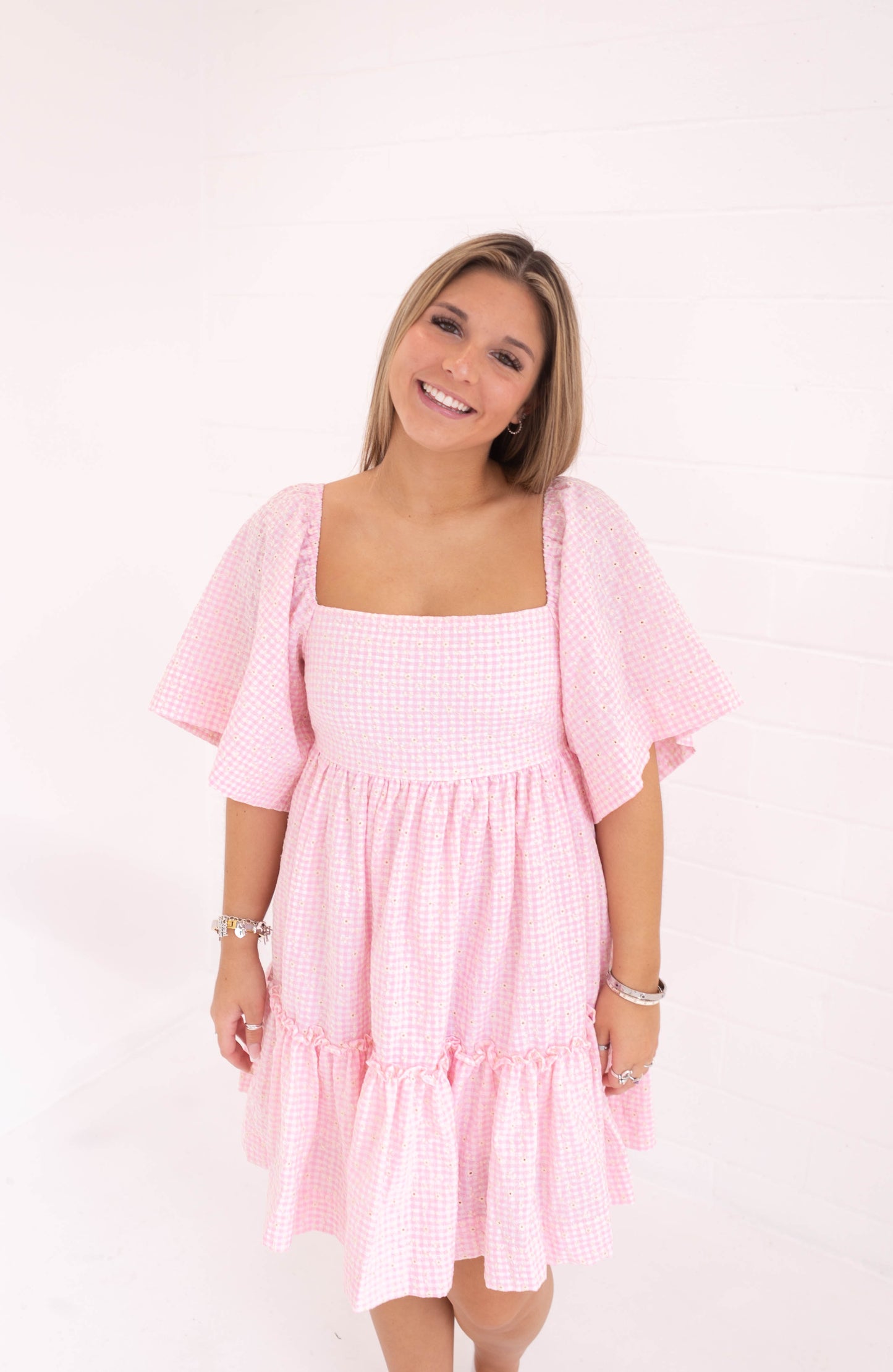 Pink Mini Plaid Checkered Floral Embroidered Mini Dress