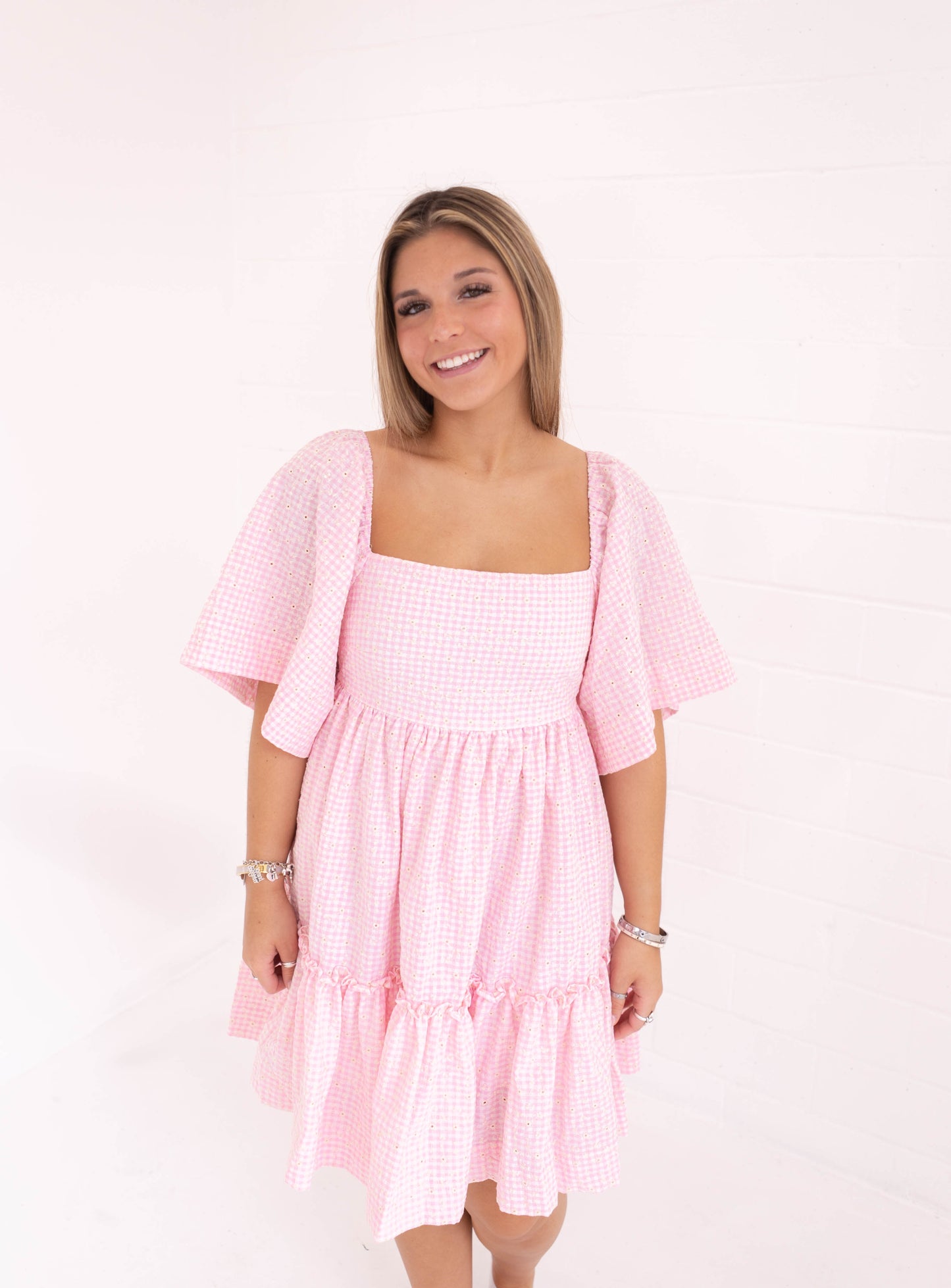 Pink Mini Plaid Checkered Floral Embroidered Mini Dress