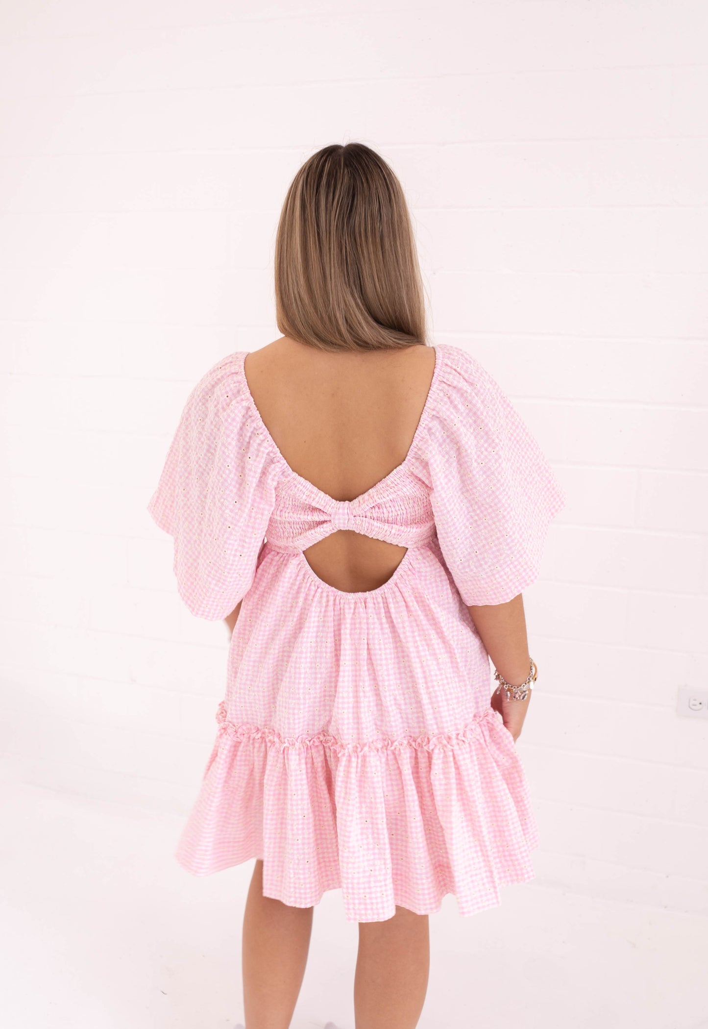 Pink Mini Plaid Checkered Floral Embroidered Mini Dress