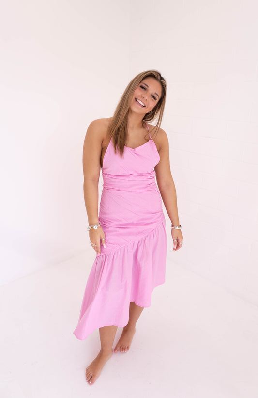 Pink Strappy Textured Asymmetrical Midi