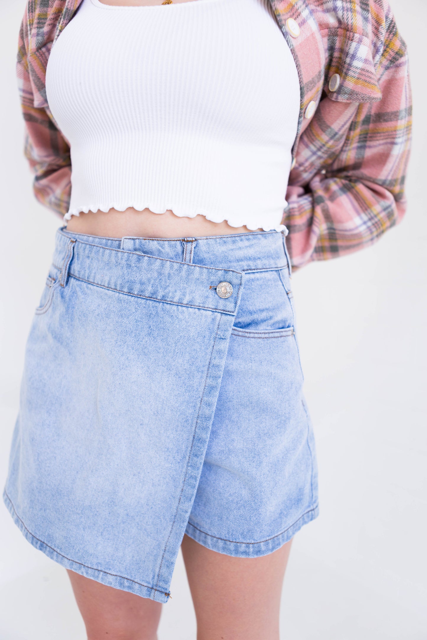 A washed denim skort