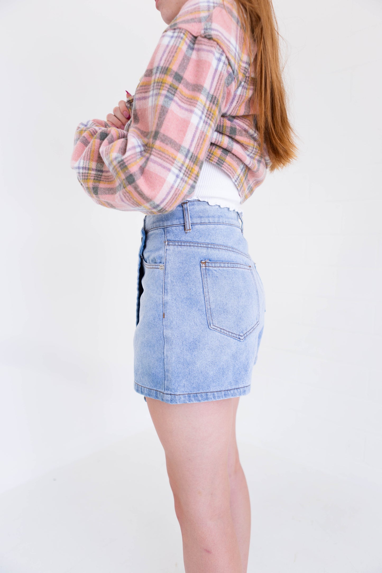 A washed denim skort
