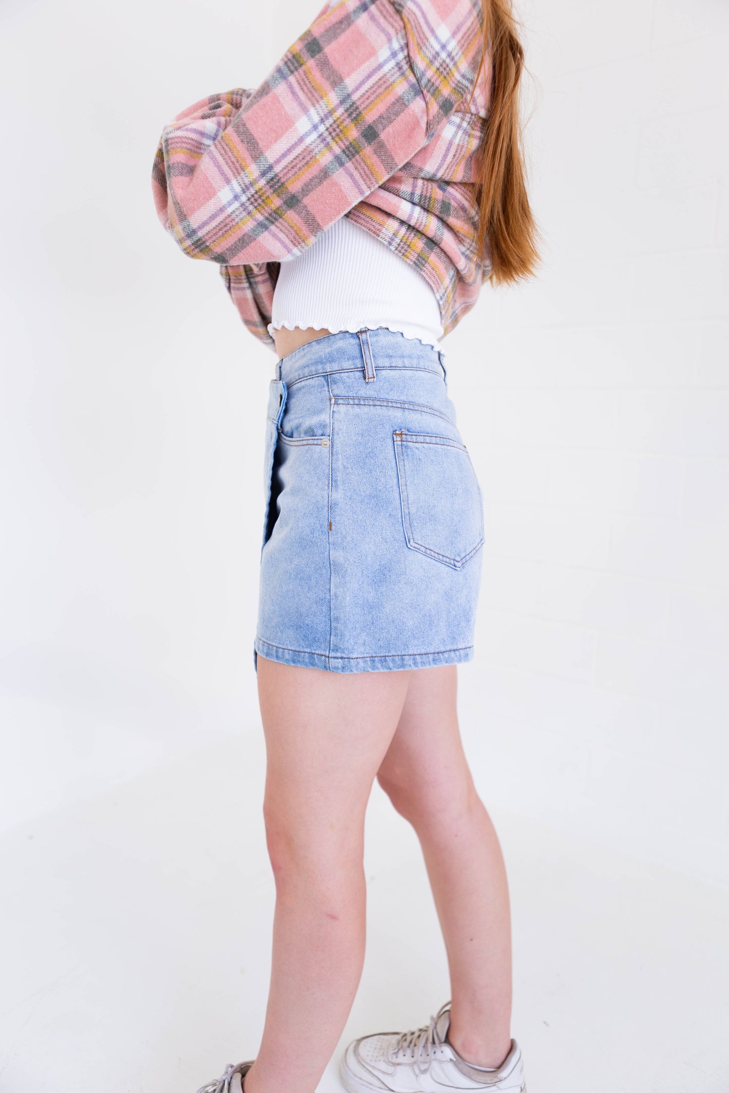 A washed denim skort