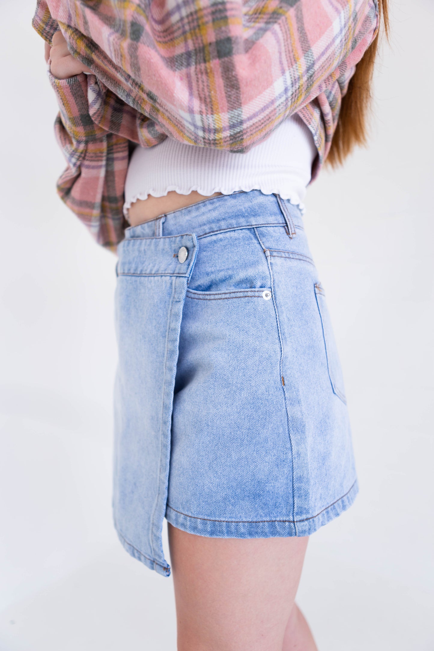 A washed denim skort