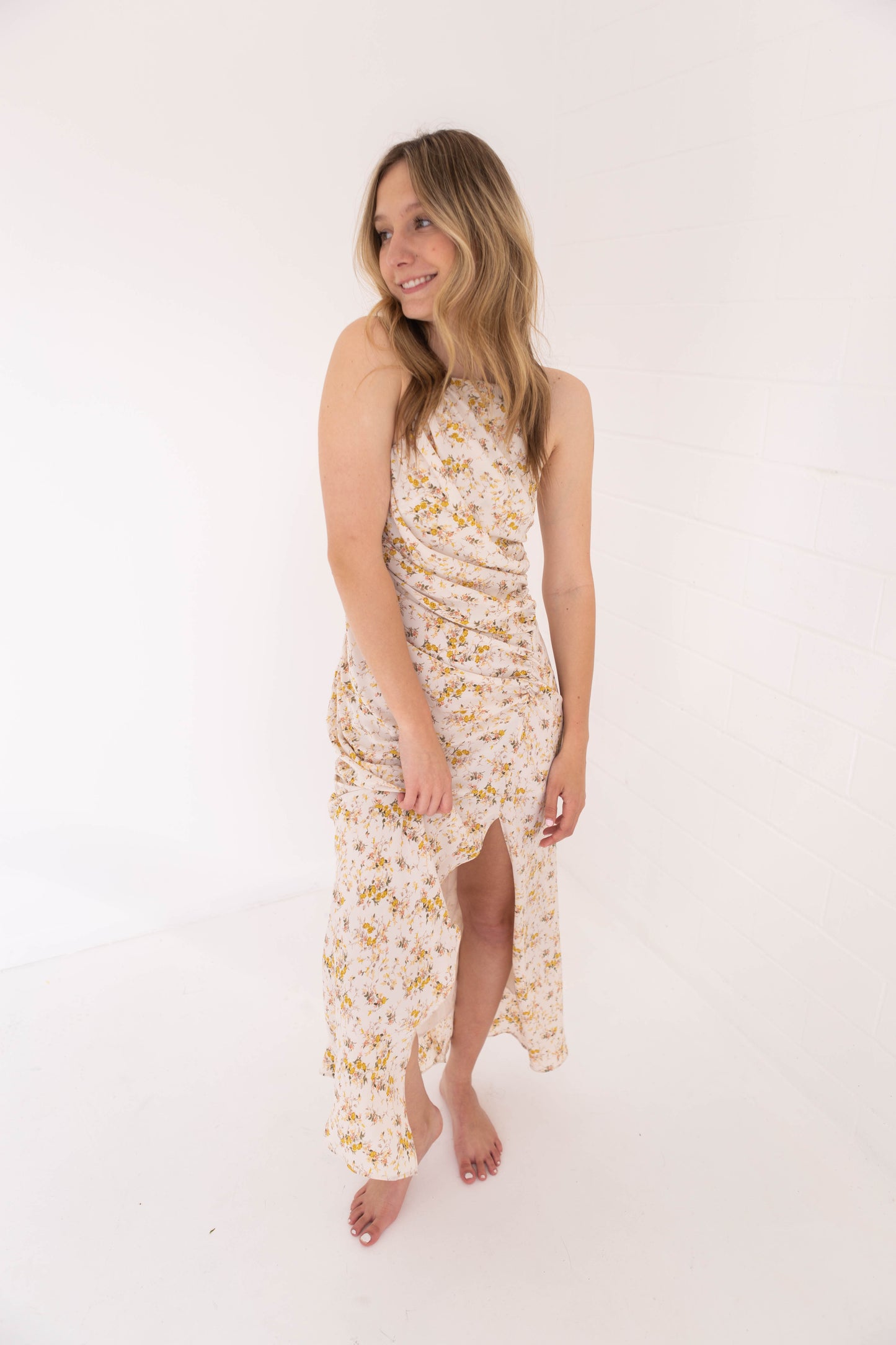 Cream Floral Halter Midi Dress