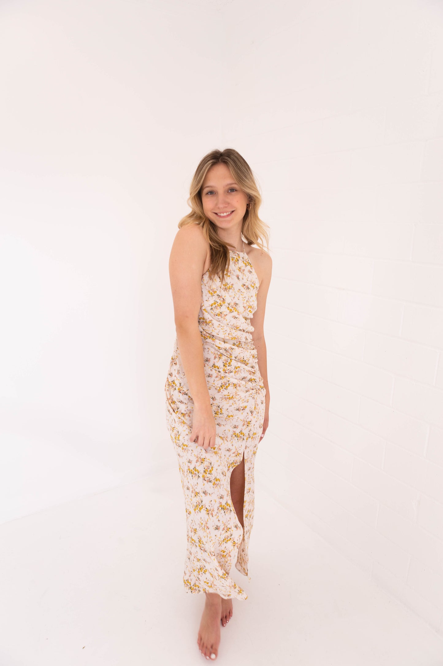 Cream Floral Halter Midi Dress