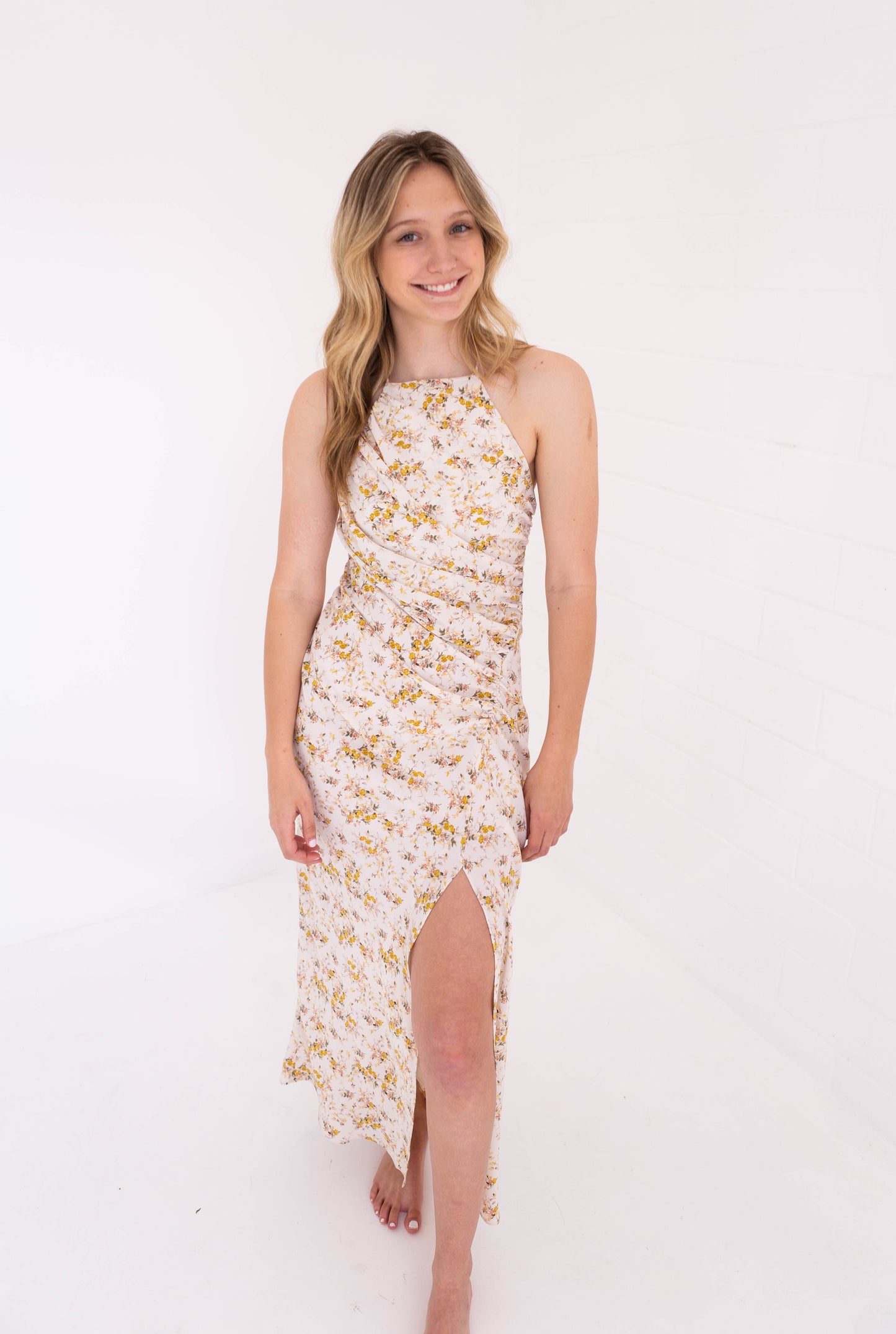 Cream Floral Halter Midi Dress