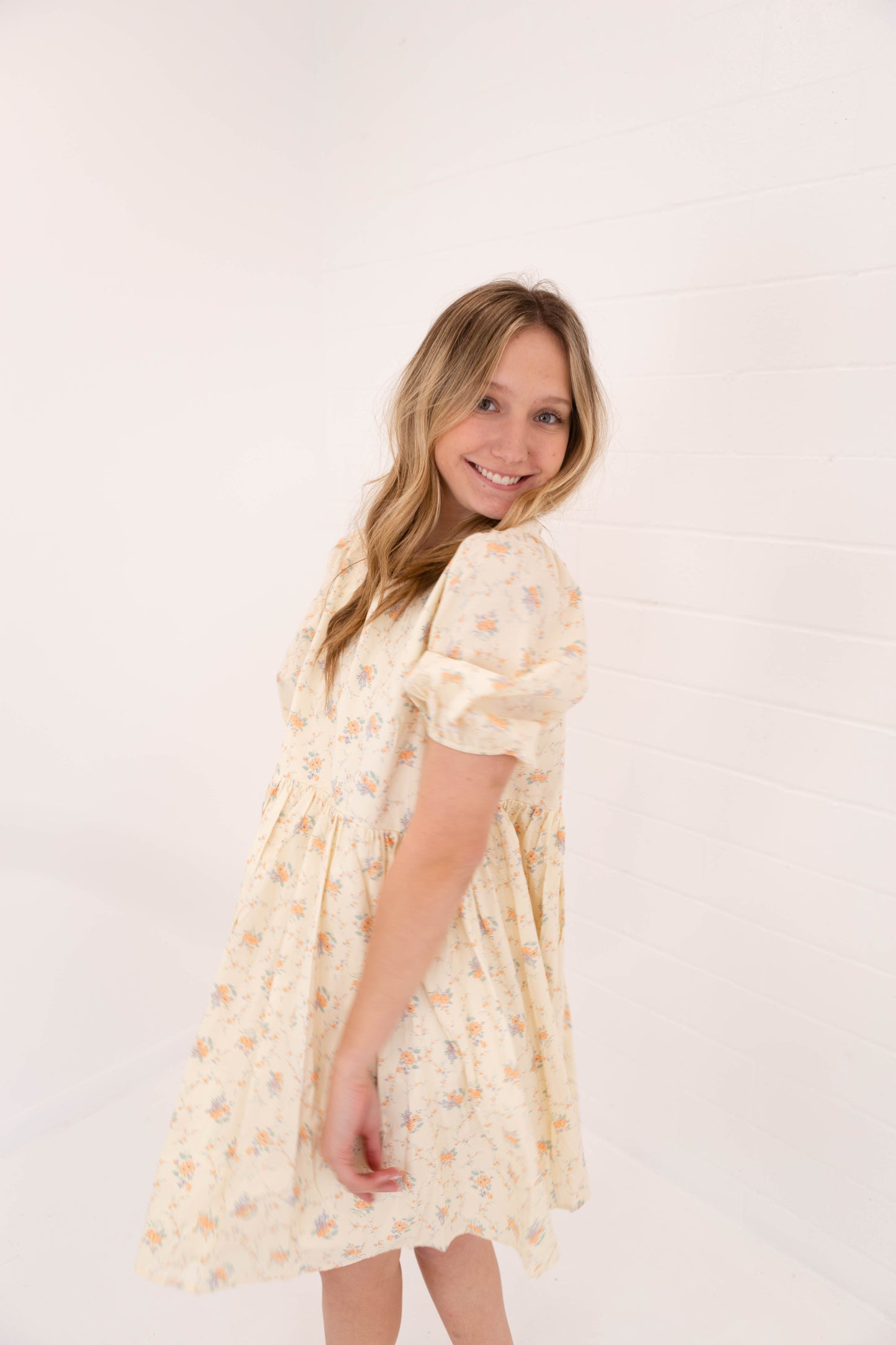 Peach Floral Puff Mini Dress