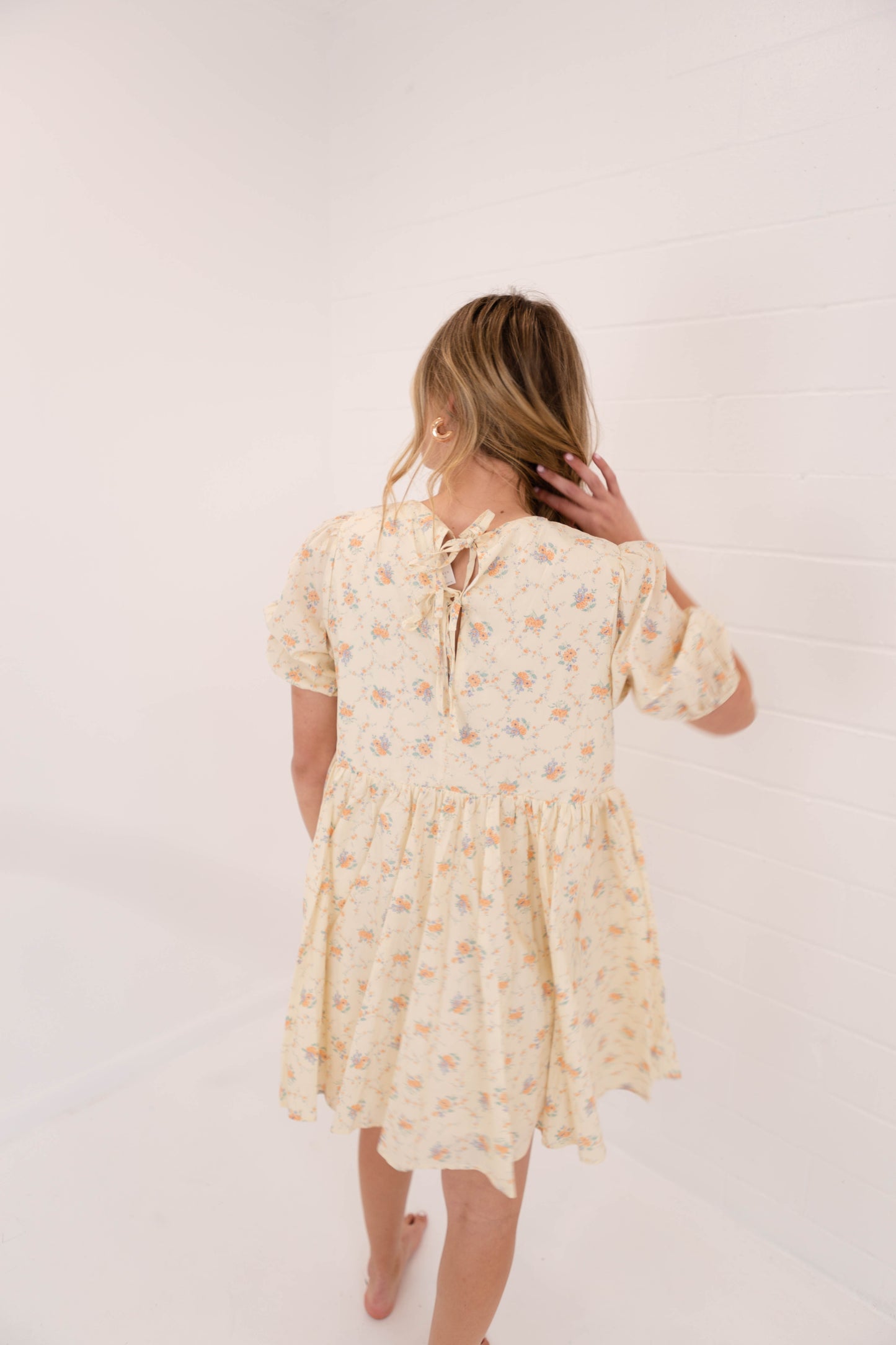 Peach Floral Puff Mini Dress