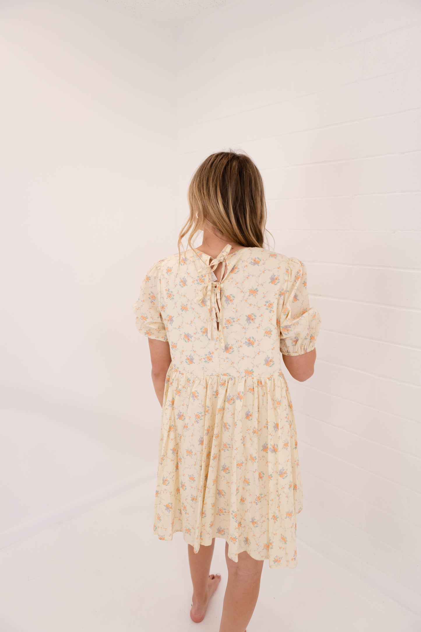 Peach Floral Puff Mini Dress