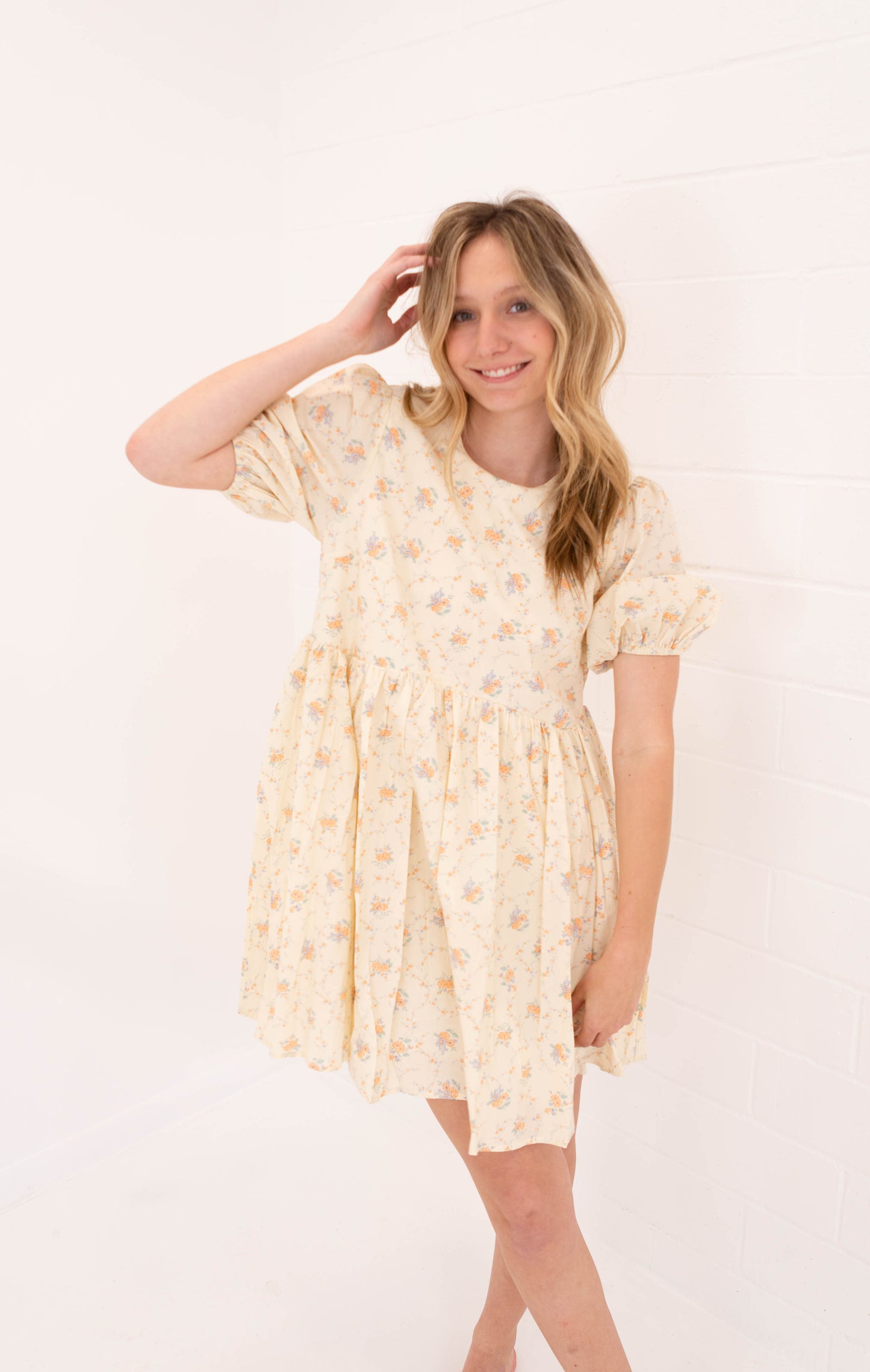 Peach Floral Puff Mini Dress