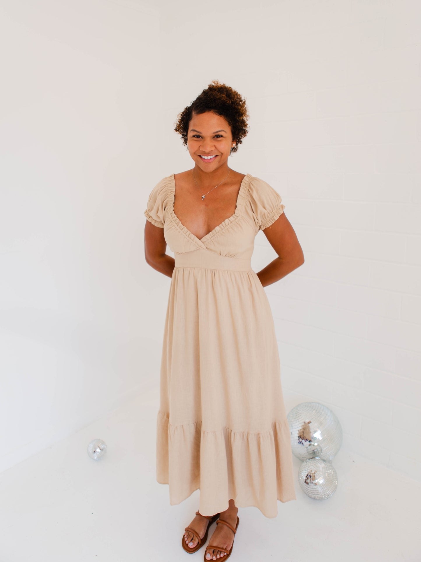 Mocha Short Puff Sleeve Midi Dress