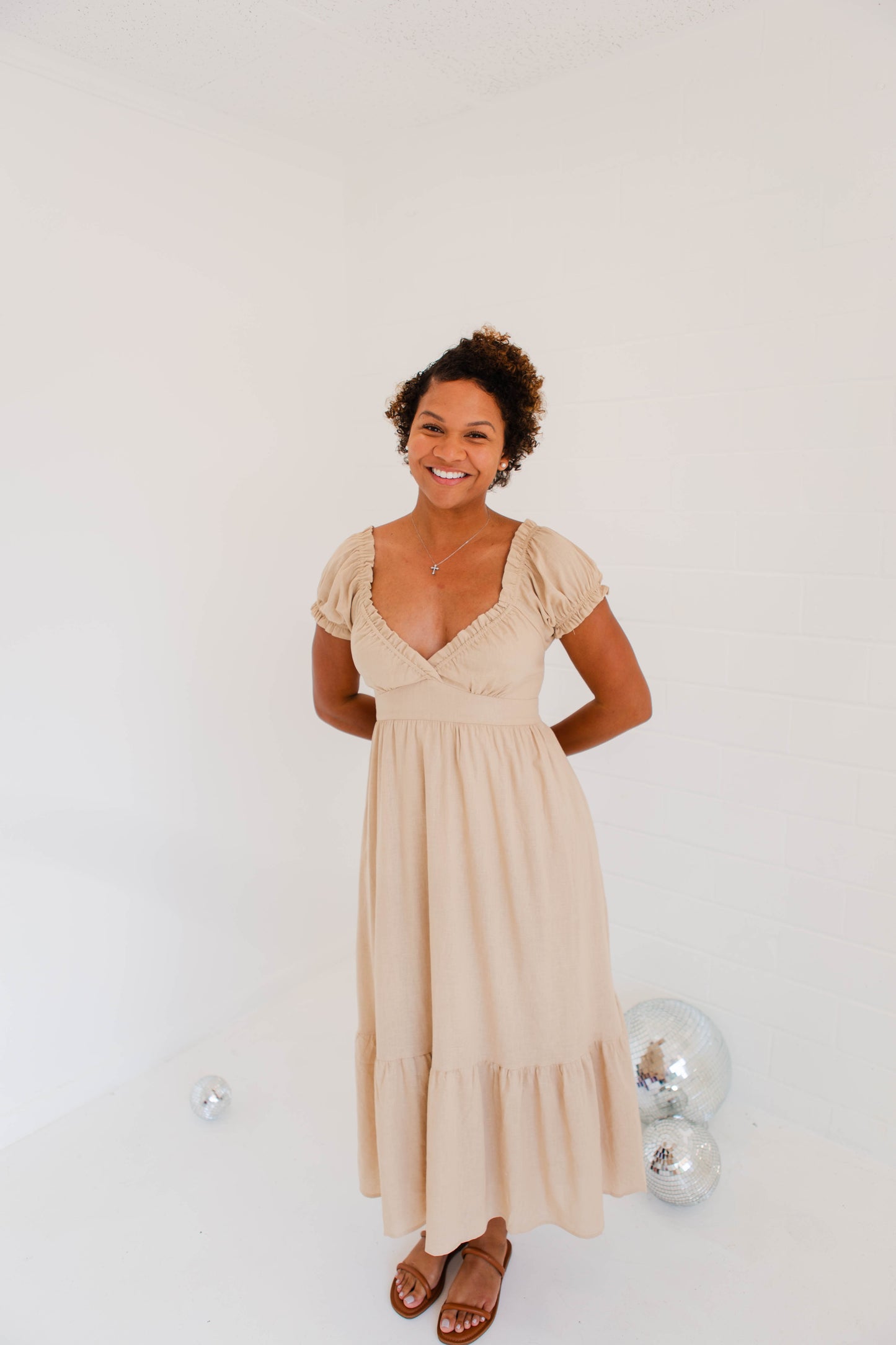 Mocha Short Puff Sleeve Midi Dress