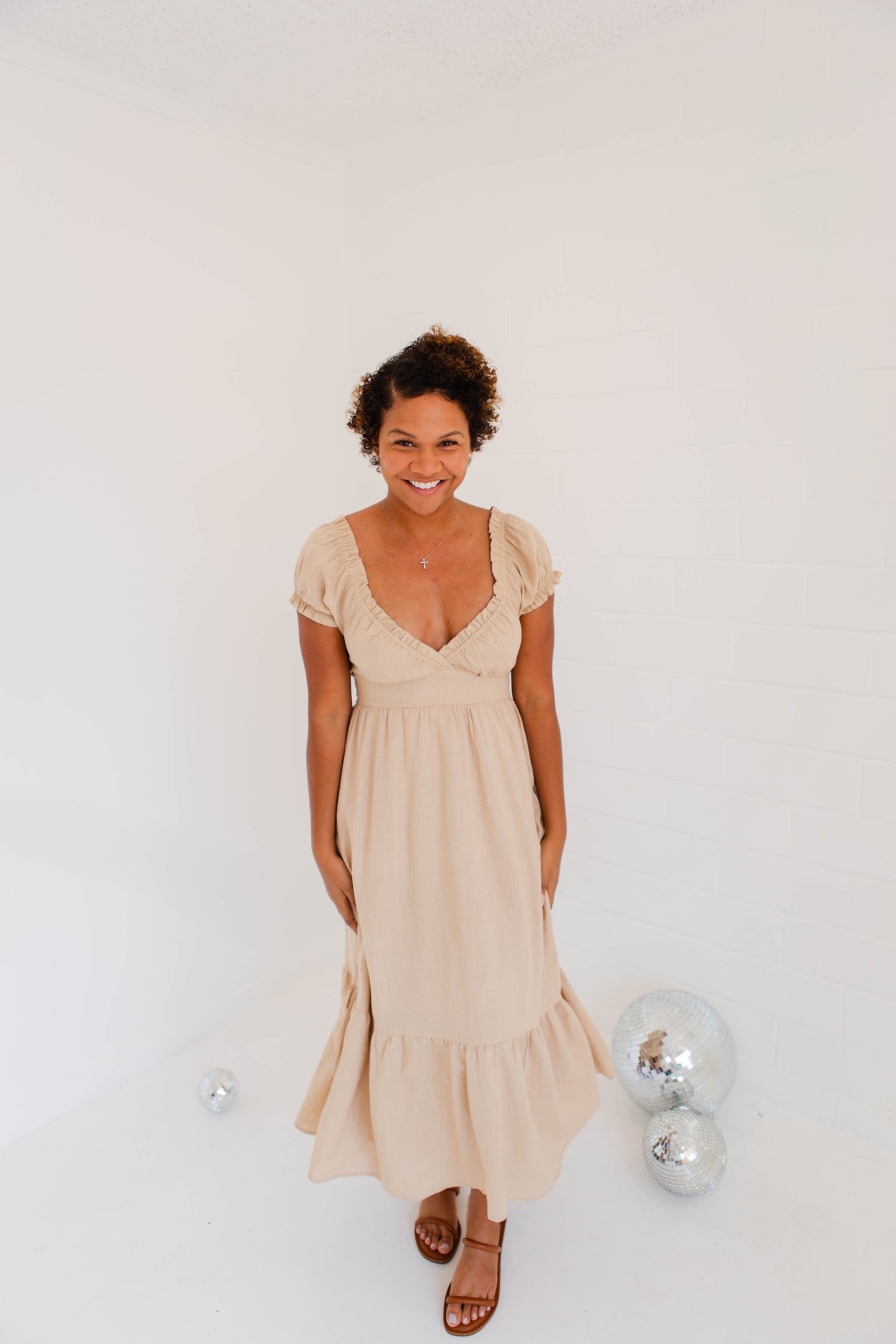 Mocha Short Puff Sleeve Midi Dress