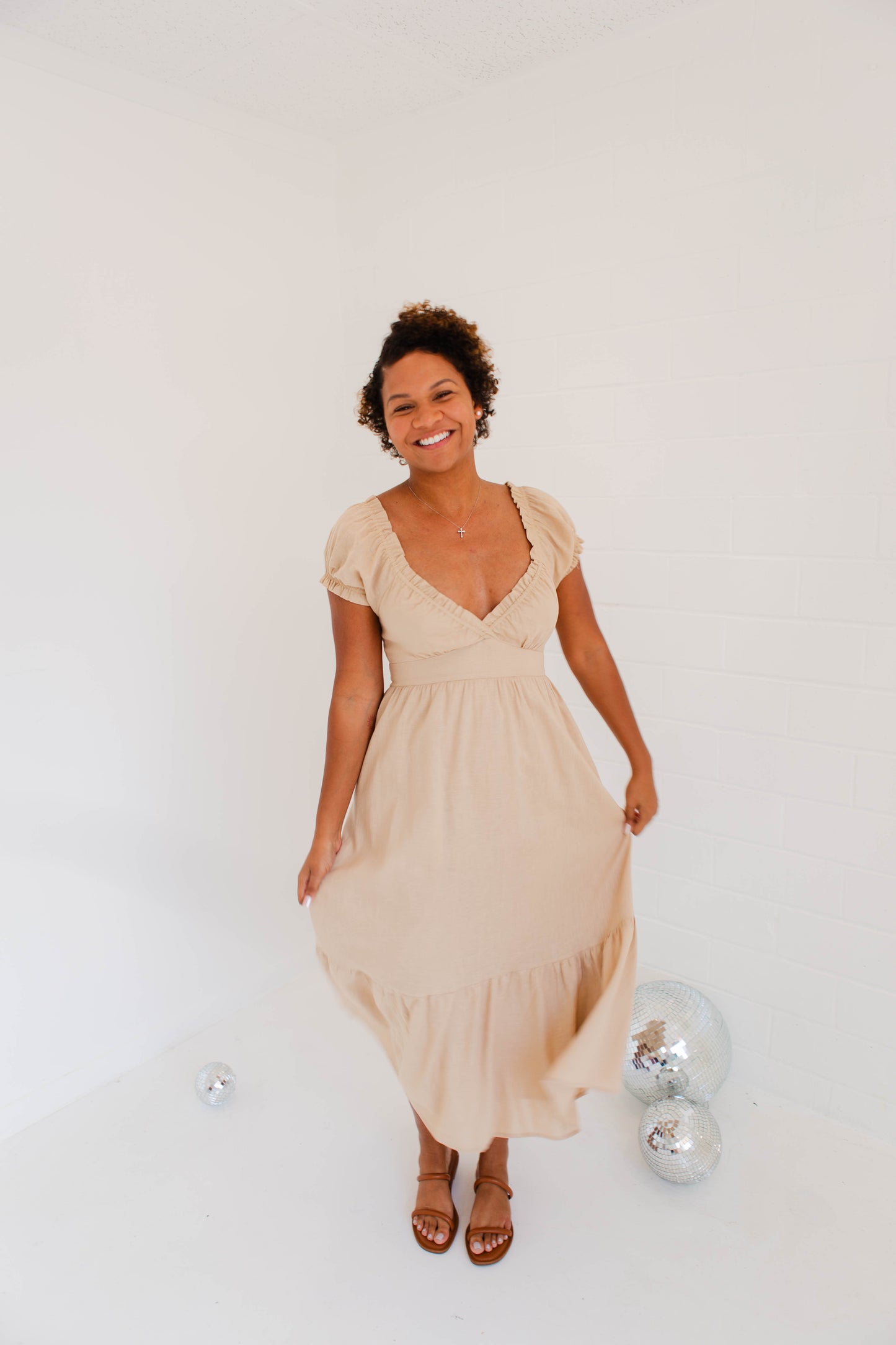 Mocha Short Puff Sleeve Midi Dress