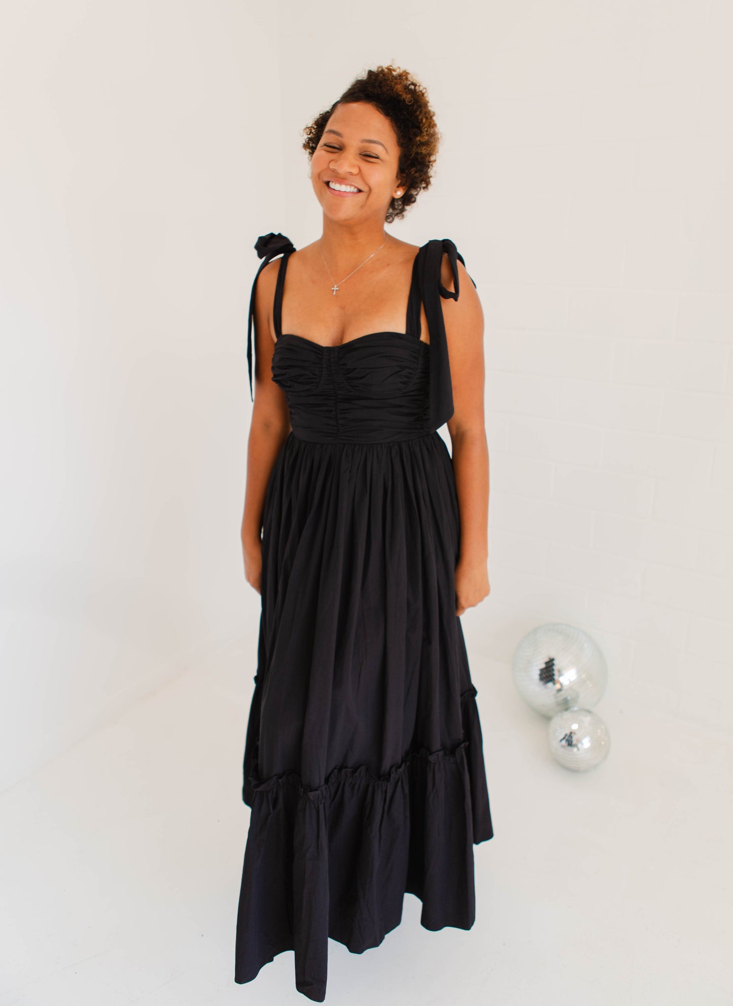 Black Poplin Bust Ruched Midi Dress with Shoulder Ties