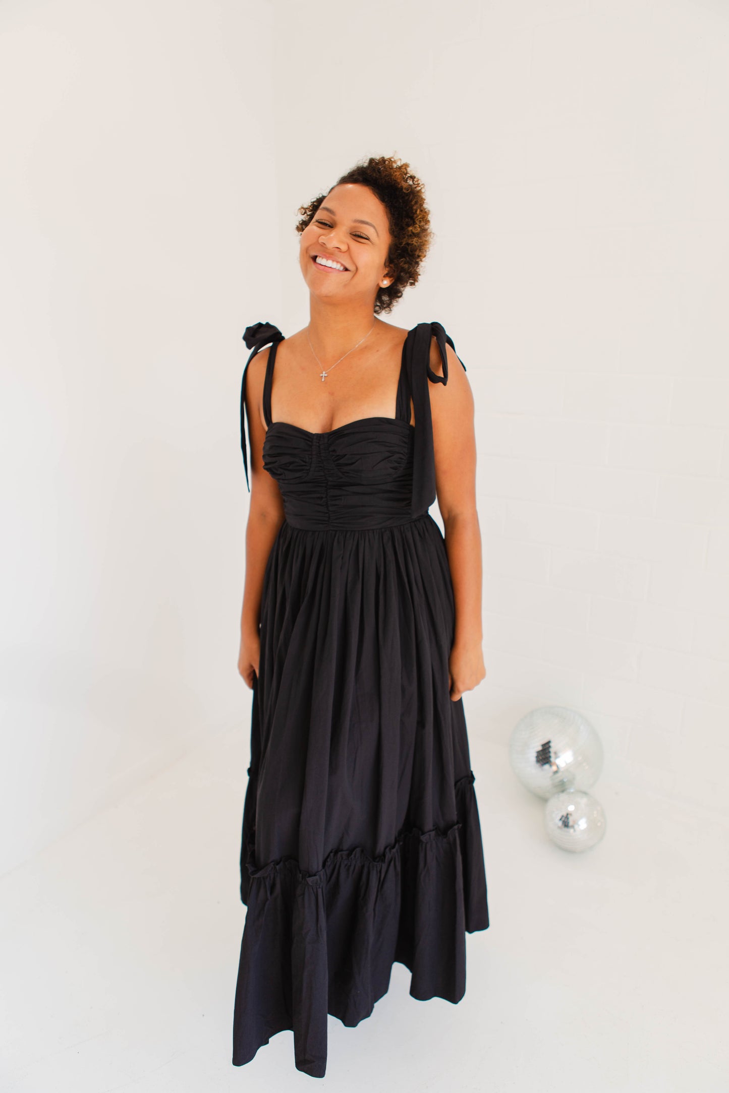Black Poplin Bust Ruched Midi Dress with Shoulder Ties