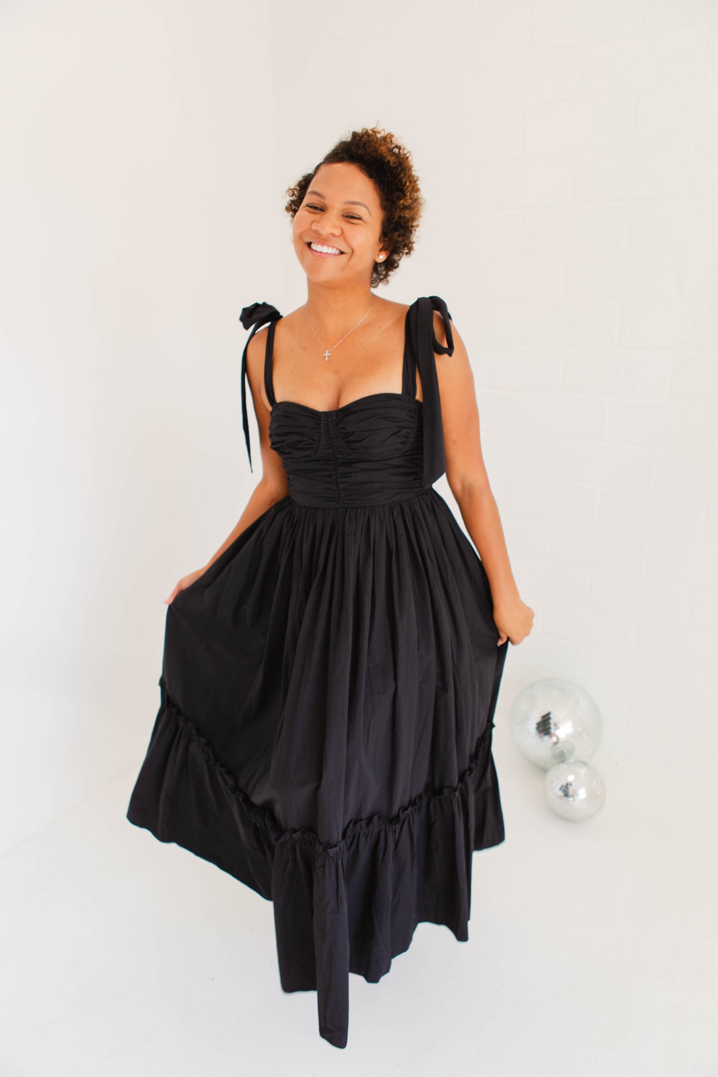 Black Poplin Bust Ruched Midi Dress with Shoulder Ties